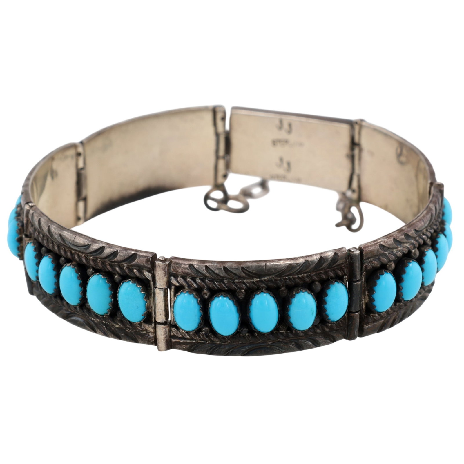 Vintage Johnny Johnson Navajo Sterling Turquoise Panel Bracelet: Vintage Johnny Johnson Navajo Sterling Turquoise Panel Bracelet | Weight: 36.1g | Inner circumference approx. 7.25", unclasped length approx. 8"
