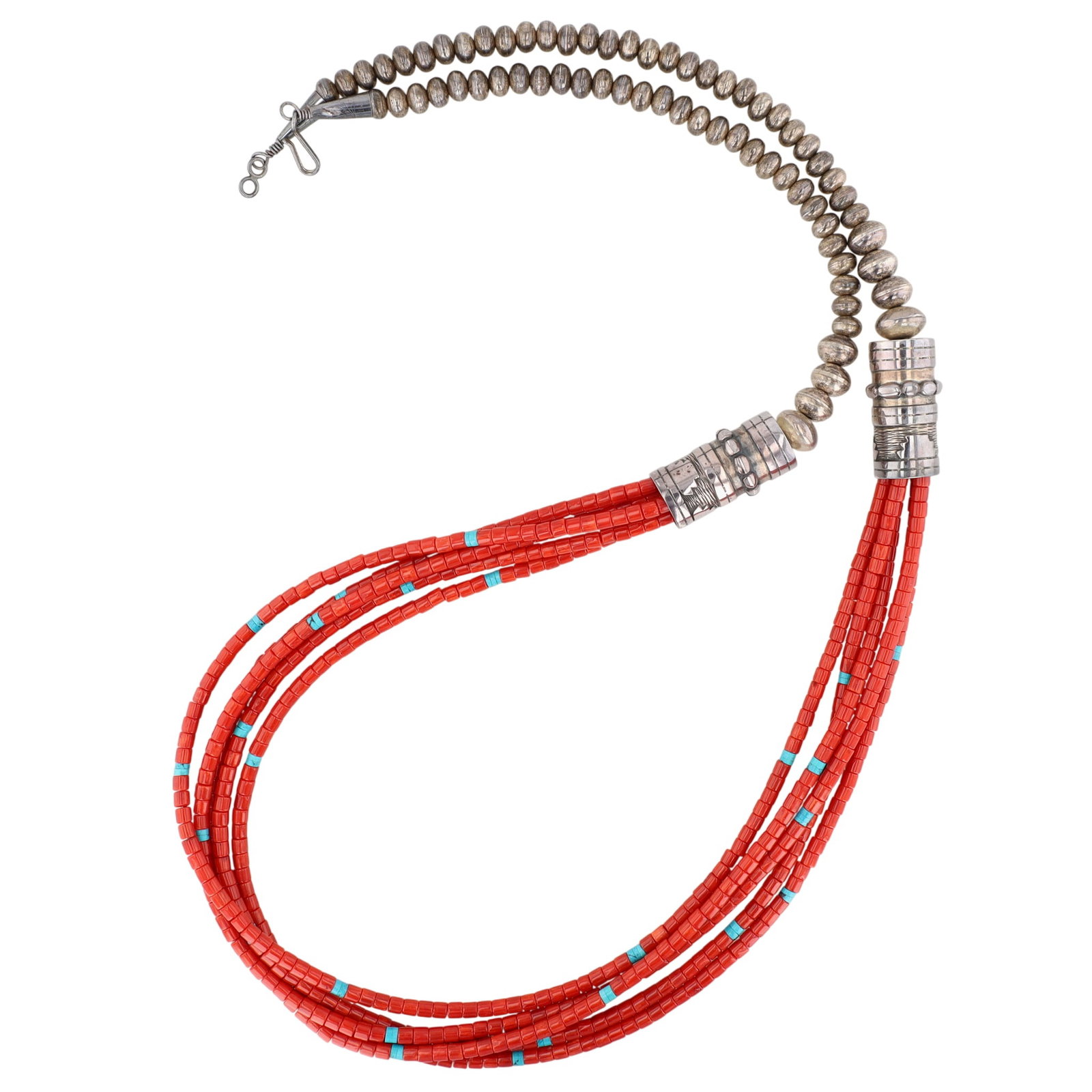 Navajo Sterling Kanab Coral and Turquoise Bead Necklace: Exquisite - Navajo Sterling Handmade Bead, Barrels, "Kanab" Coral, and Turquoise Necklace | Weight: 80g | Length: Approx. 30" | Graduated Handmade Beads range from 6mm to 10mm, Barrel Beads 14mm, and 