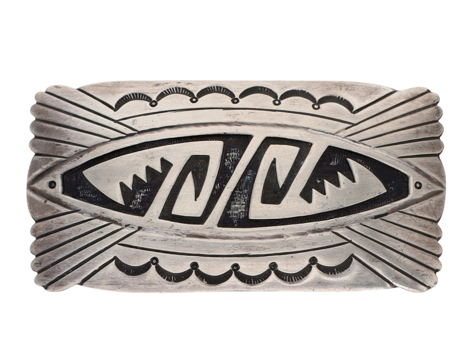 Vintage Roger Lewis Navajo Sterling Overlay Belt Buckle: Vintage Roger A Lewis Navajo Sterling Overlay Belt Buckle | Weight: 40.7g | 3" x 1.5" | Fits belt up to approx. 1" wide