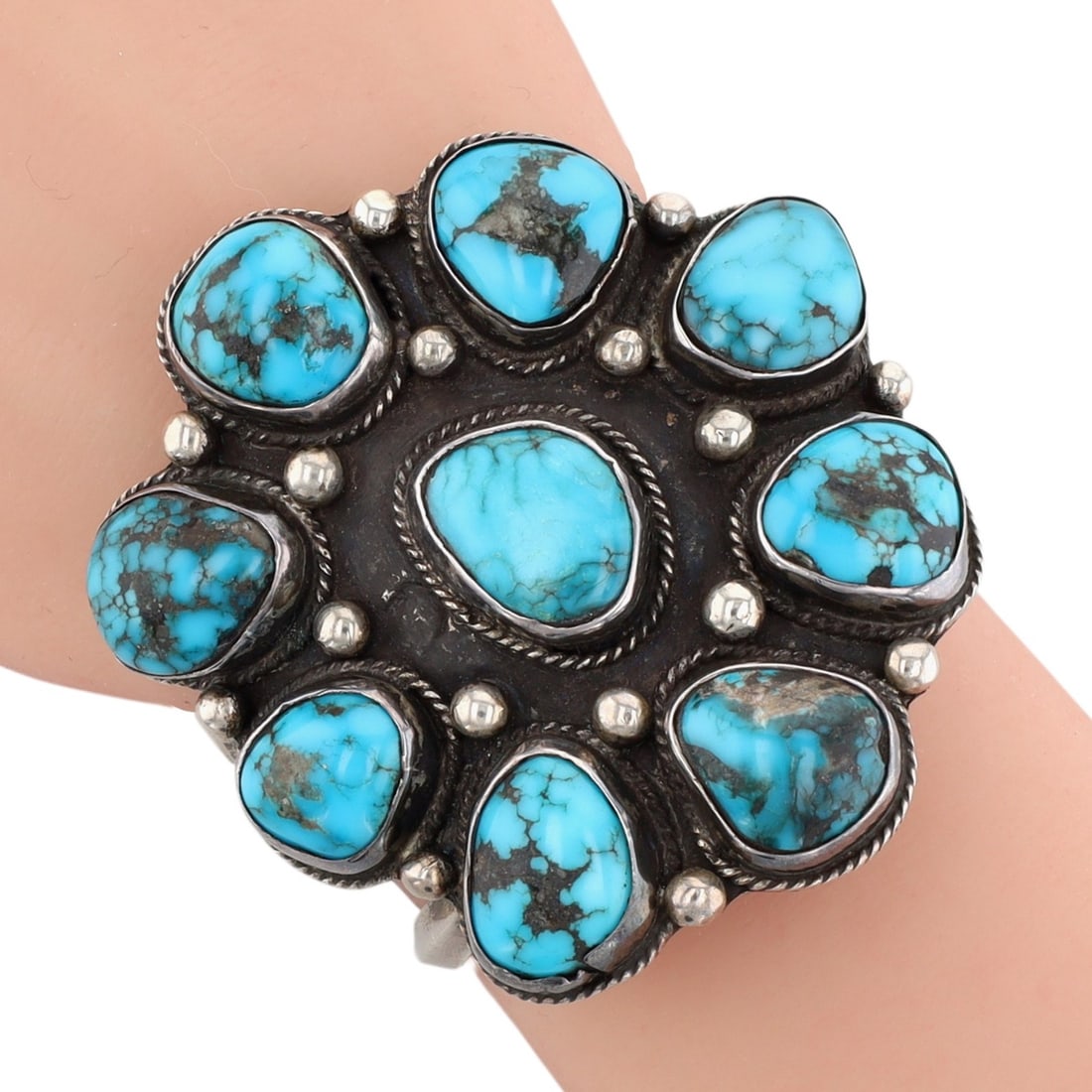 Vintage Signed Navajo Sterling Cluster Cuff Bracelet: Huge Vintage Signed Navajo Sterling Cluster Cuff Bracelet | Weight: 87.2g | Approximate Inner Circumference (Including Gap): 6" | Gap: .75" | Face Width: 2.75" x 3"