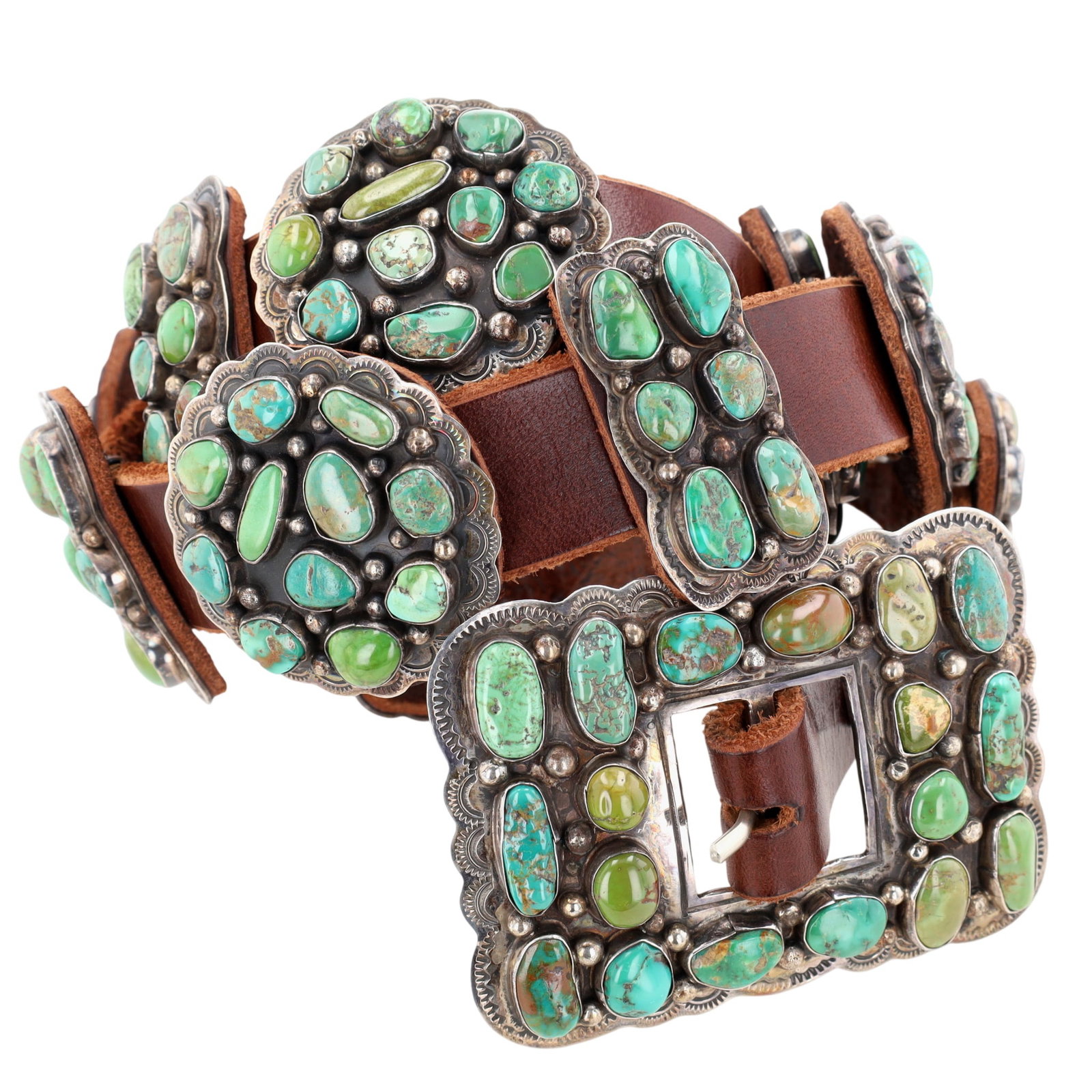 Outstanding Daniel Martinez Navajo Sterling Turquoise Cluster Concho Belt: Outstanding Daniel Martinez Navajo Sterling Turquoise Cluster Concho Belt | Weight: 577g | Approximately concho measurements: Belt Buckle - 3.5" x 2.5". Butterfly conchos - 2" x 1", and circle conchos