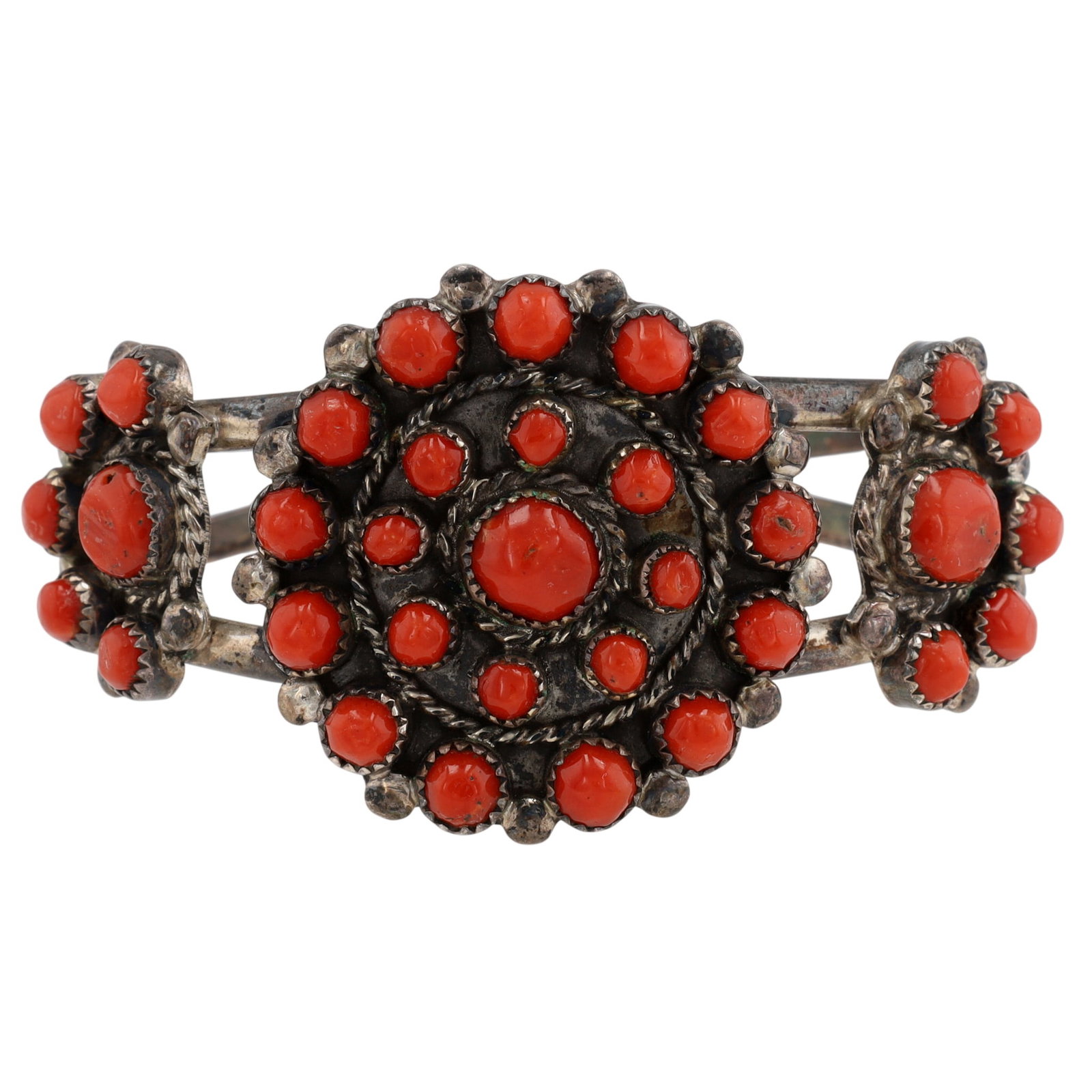 Vintage Zuni Sterling Coral Snake Eye Cuff Bracelet: Vintage Zuni Sterling Coral Snake Eye Cuff Bracelet | Marking etched on inside of cuff - unknown if signature or traders code, etc. | Weight: 39.1g | Approximate Inner Circumference (Including Gap): 6