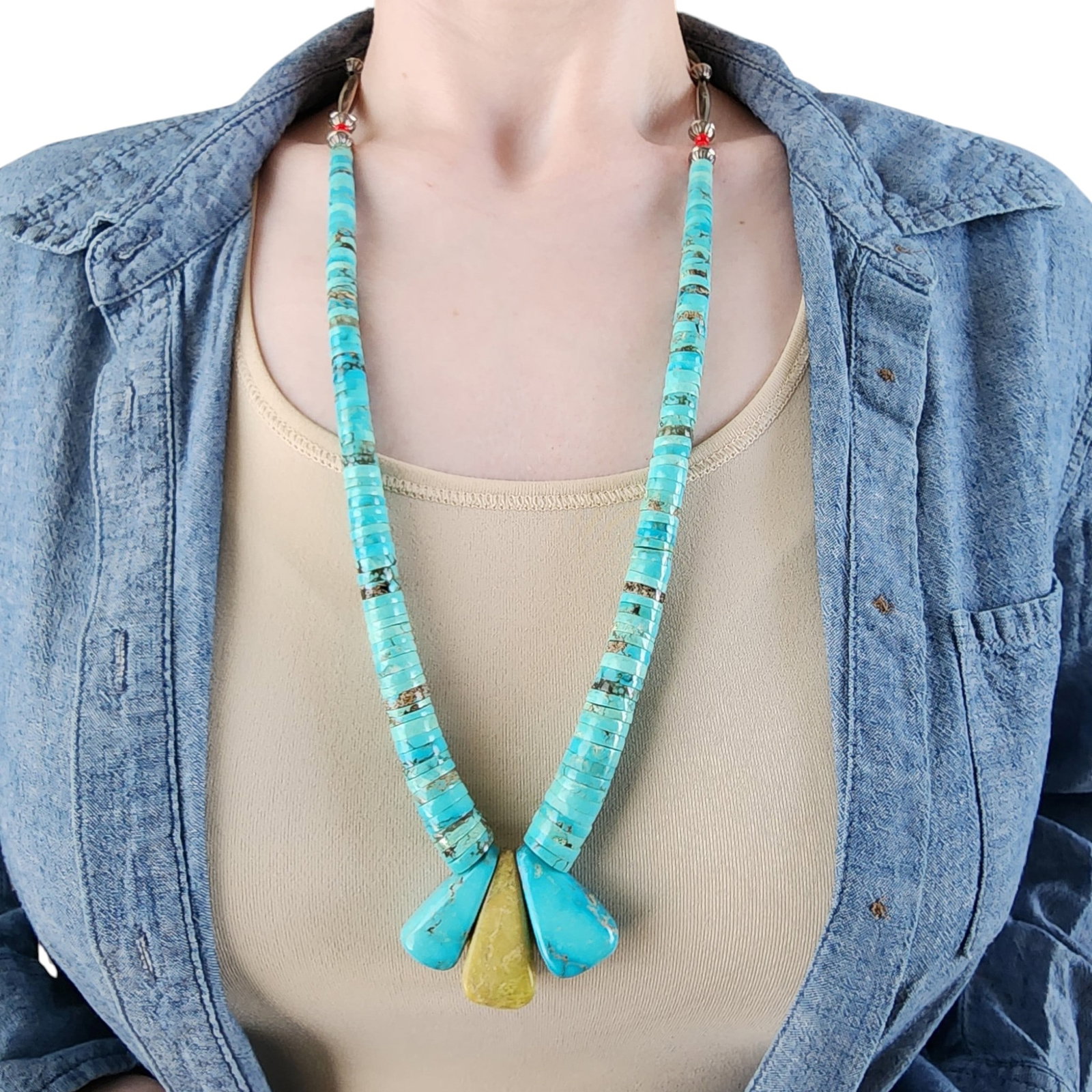 Vintage Santo Domingo Sterling Turquoise Serpentine Graduated Disc Tab Necklace (1 of 7)