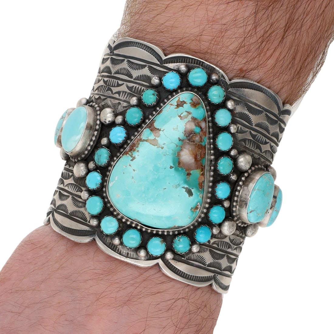 Incredible Tillie Jon Navajo Sterling Turquoise Wide Stamped Cuff Bracelet (1 of 8)