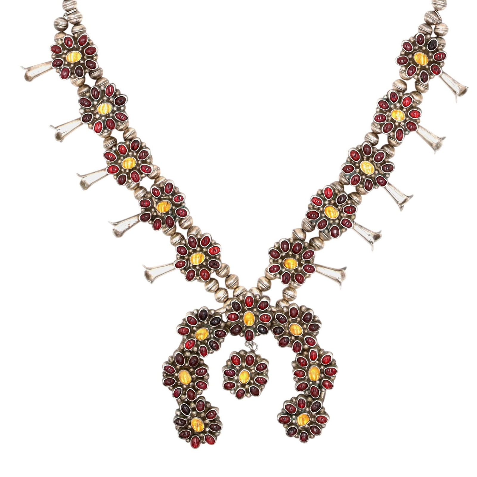 Vintage Signed Navajo Sterling Garnet and Citrine Cluster Squash Blossom Necklace: Vintage Signed DC & NS Navajo Sterling Garnet and Citrine Cluster Squash Blossom Necklace | Weight: 174g | Approximate Length: 24"