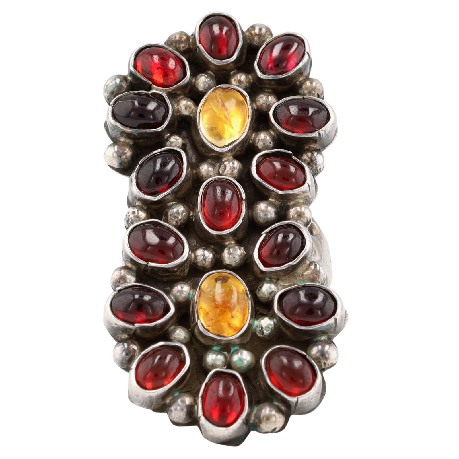 Vintage Signed Navajo Sterling Garnet and Citrine Cluster Ring Sz 7.5: Vintage Navajo Sterling Garnet and Citrine Cluster Ring Size 7.5 | Weight: 15.1g