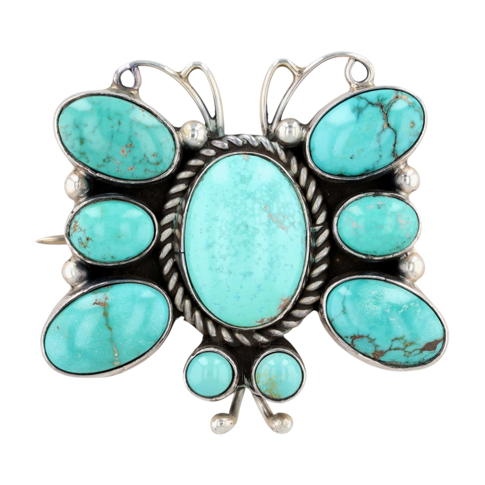 Paul Livingston Navajo Sterling Turquoise Butterfly Pendant/Brooch: Gorgeous - Paul Livingston Navajo Sterling Turquoise Butterfly Pendant/Brooch | Weight: 18.8g | Approximately 1.3" x 1.4" | Provenance: From an estate of a longtime Native American jewelry collector w