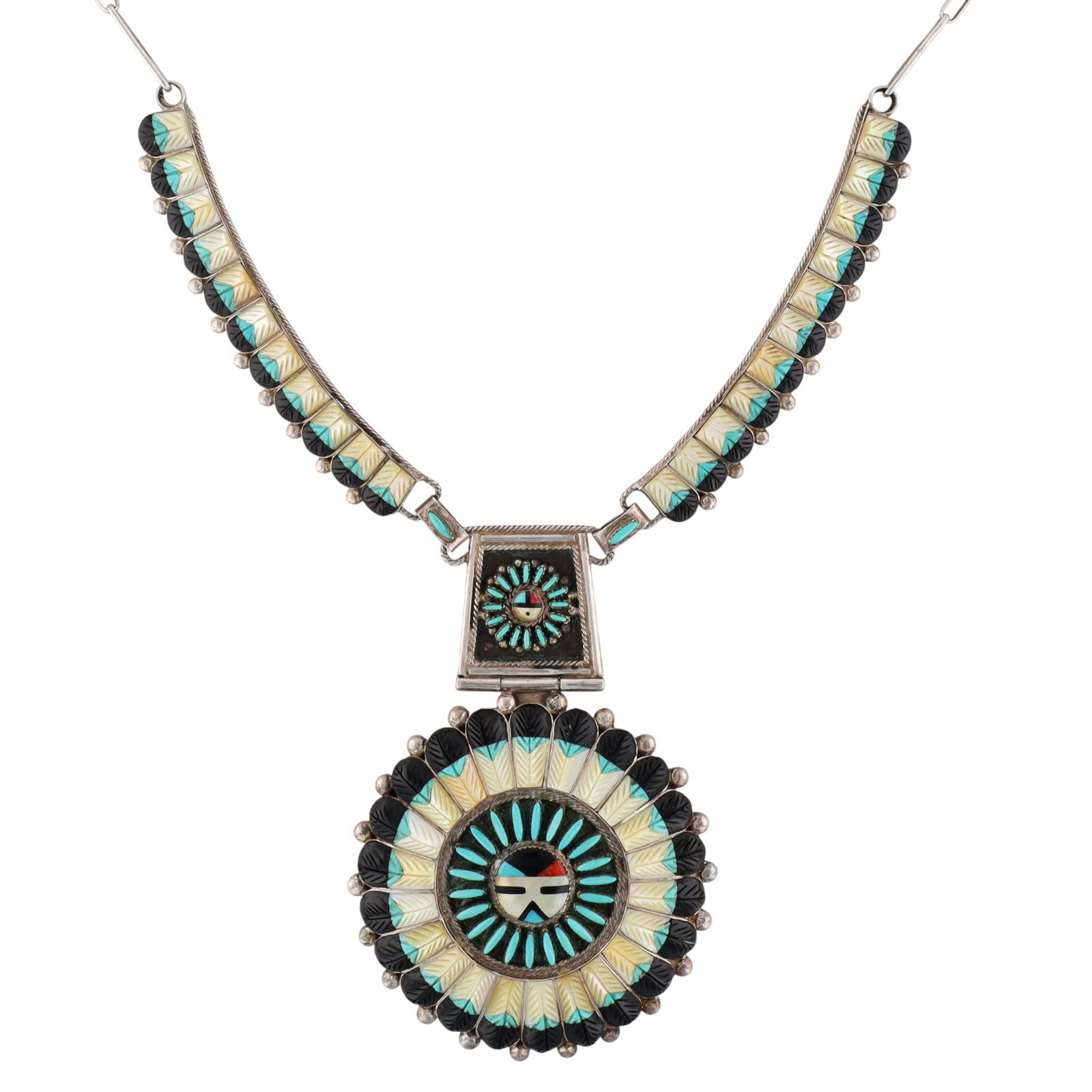 Vintage Zuni Sterling Carved Multi-Stone Inlay Sunface Necklace (1 of 9)