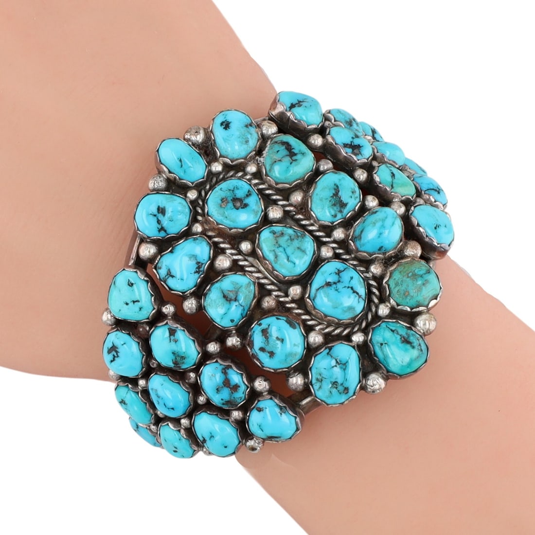 Vintage Navajo Sterling Turquoise Cluster Cuff Bracelet: Amazing Vintage Navajo Sterling Turquoise Cluster Cuff Bracelet | Weight: 78g | Approximate Inner Circumference (Including Gap): 5.6" | Gap: 1" | Face width: 4.2" x 1.25 | Side setting width: 1.5" x 1