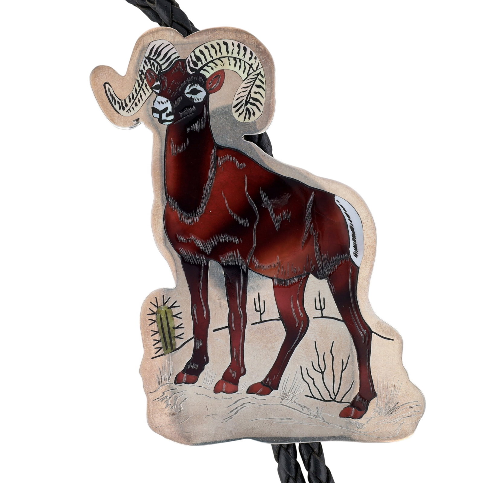 Award Winning Dale Edaakie Zuni Sterling Multi-Stone Inlay Ram Bolo Tie: Award Winning Dale Edaakie (1957-) Zuni Sterling Multi-Stone Inlay Ram Bolo Tie | Shell, Jet, Mother of Pearl, Serpentine | Dale Edaakie is the son of renowned Zuni inlay jewelers Dennis Edaakie and N