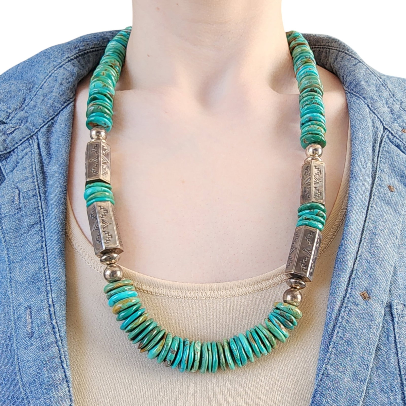Elva Yazzie Navajo Sterling Barrel Bead Turquoise Disc Necklace: Outstanding - Elva Yazzie Navajo Sterling Stamped Barrel Bead and Turquoise Disc Necklace | Weight: 153g | Adjustable length - Total length: 27" | Discs approx. 15mm | Barrels approx 26mm x 14mm and a