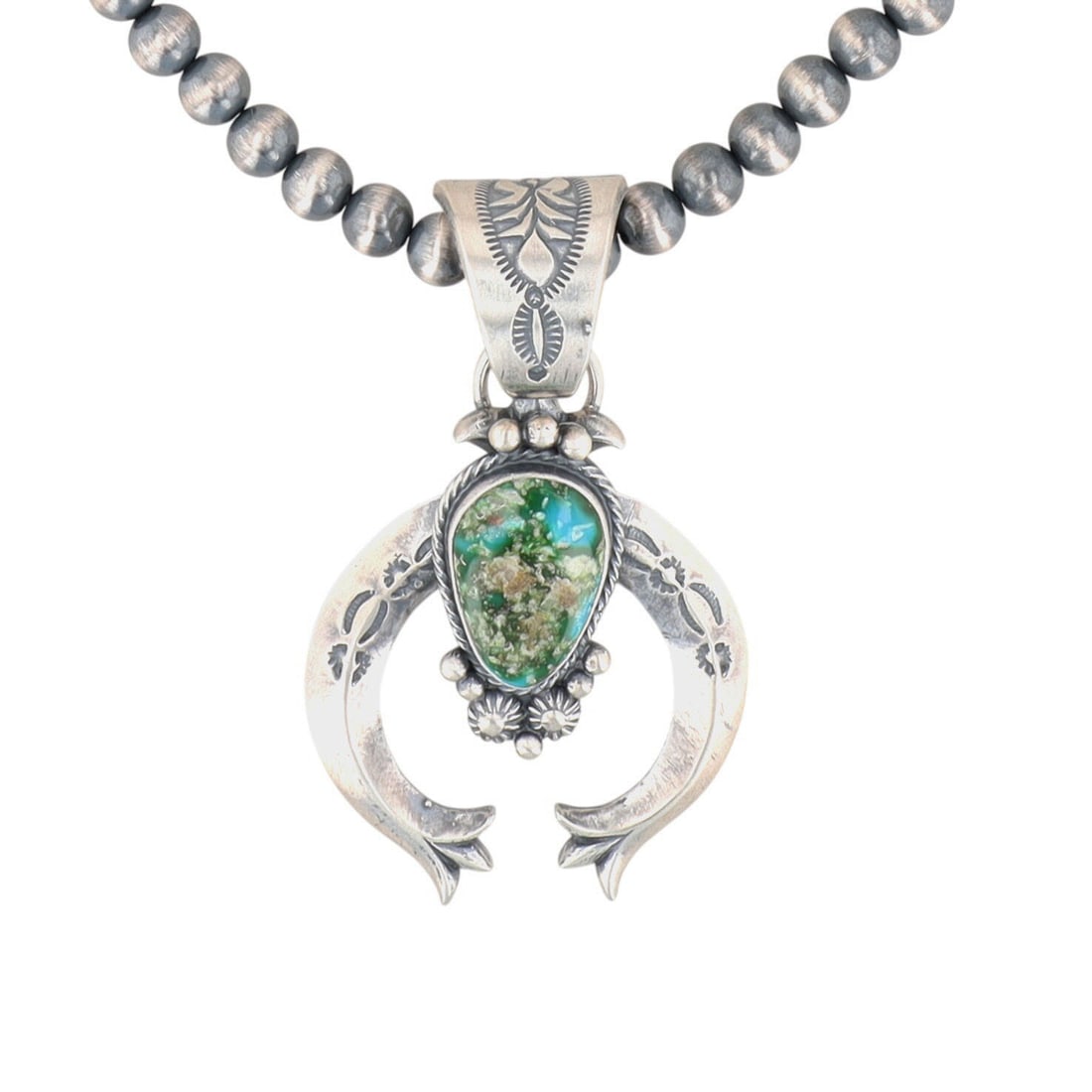 Sam Yellowhair Navajo Sterling Sonoran Gold Turquoise Naja Necklace: Sam Yellowhair Navajo Sterling Sonoran Gold Turquoise Naja & Bead Necklace | Weight: 45.5g | Length: 18" | 6mm beads | Naja 2.5" x 1.5" with a bail opening of approx. 14mm