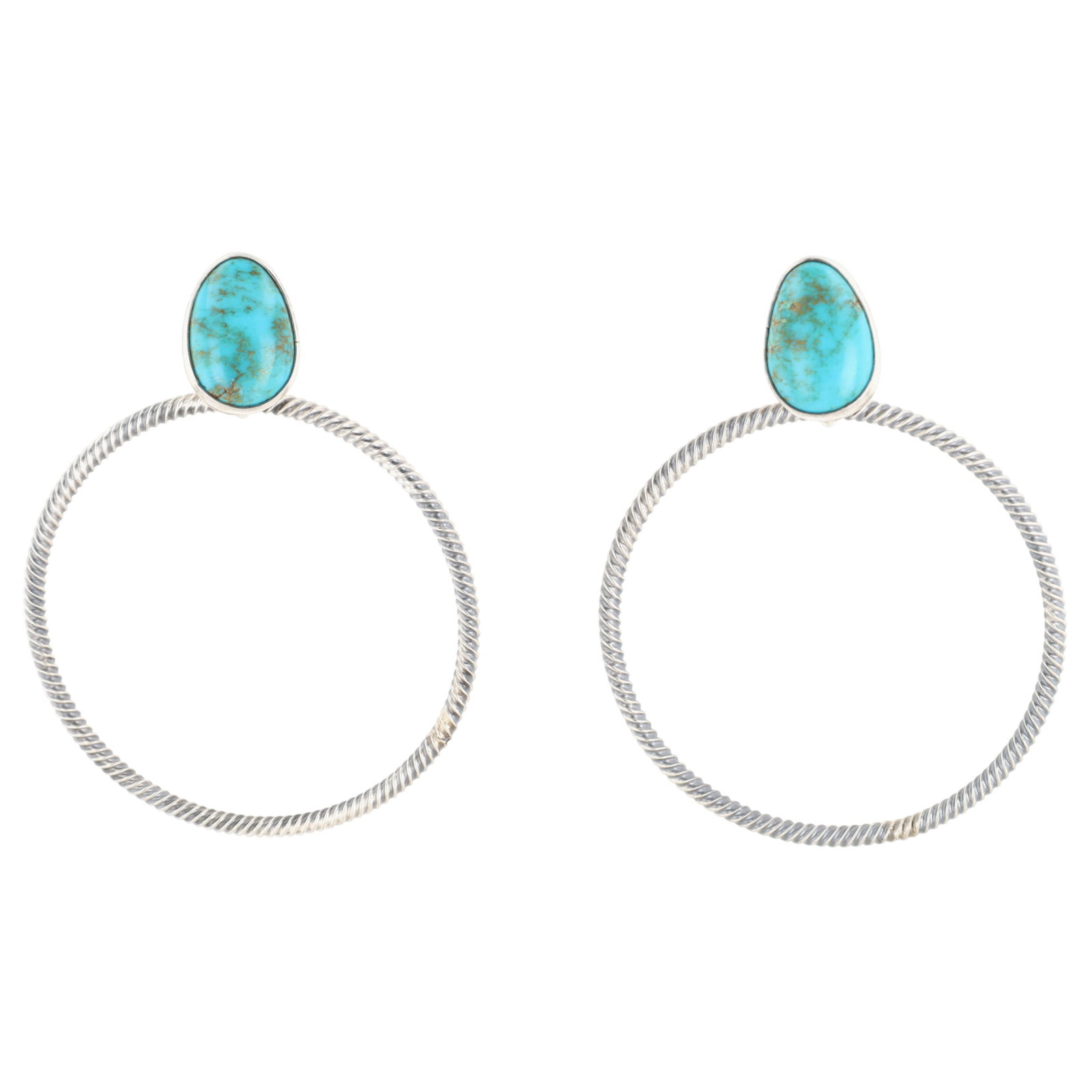 Verley Betone Navajo Sterling Kingman Turquoise Hoop Earrings: Verley Betone Navajo Sterling Kingman Turquoise Hoop Earrings | Weight: 17.7g | Turquoise studs .7" x .5" | Outer Diameter of Hoops approx. 2"