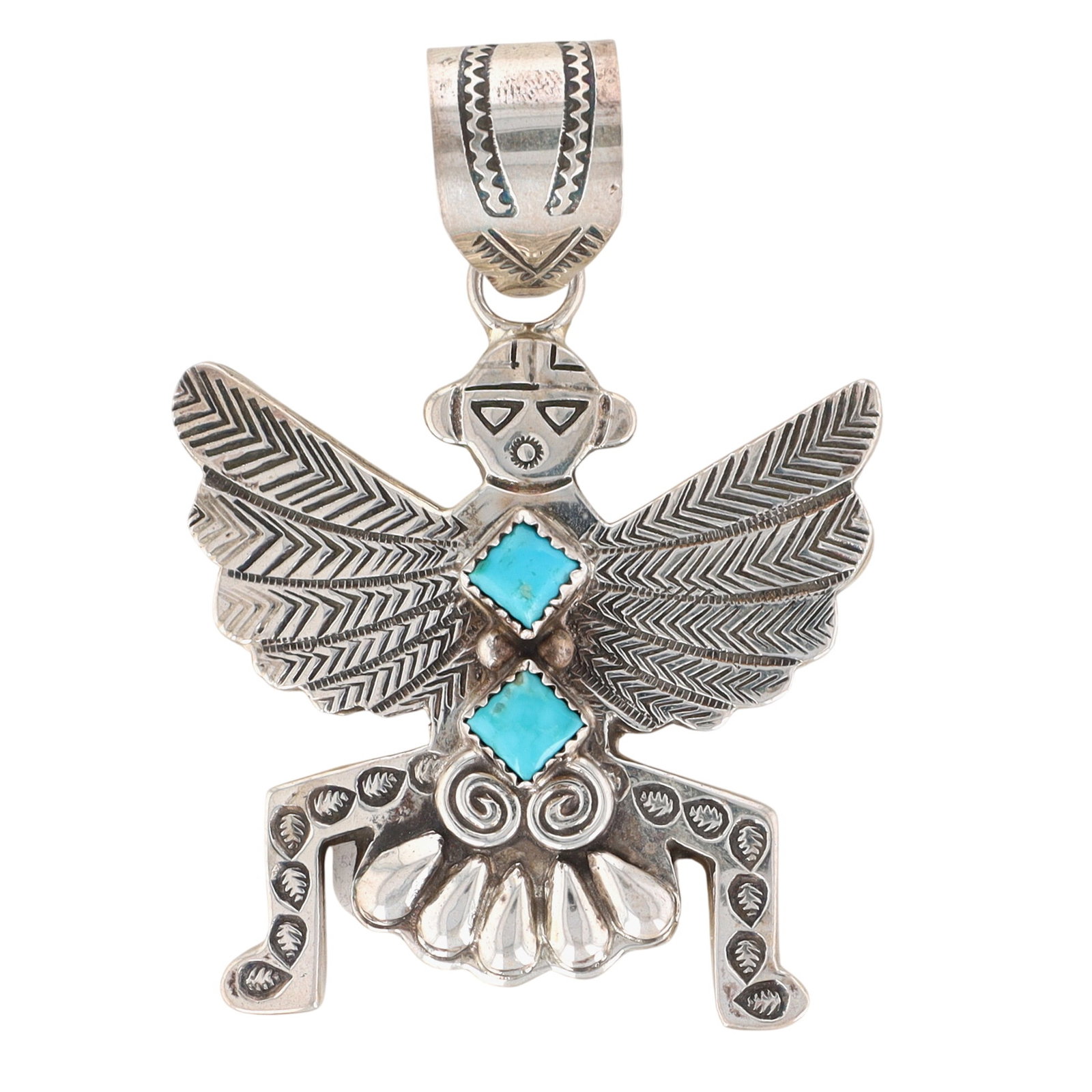 Alonzo Mariano Navajo Sterling Turquoise Knifewing Stamped Pendant: BIG! Alonzo Mariano Navajo Sterling Kingman Turquoise Knifewing Stamped Pendant | Weight: 25.3g | Approximately 2.9" x 2" | Bail opening approximately 13.3mm
