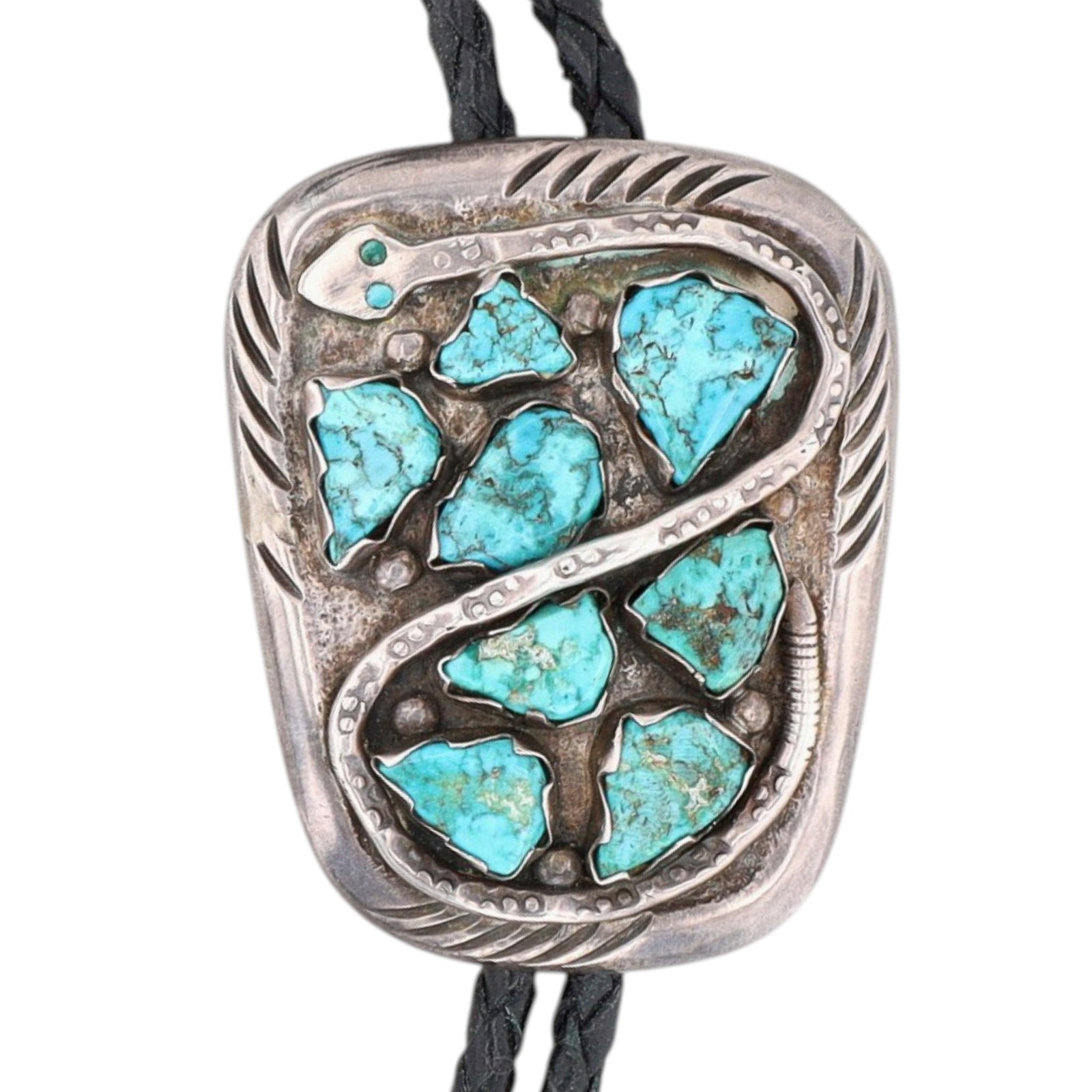 Vintage Juan Calavaza Zuni Sterling Turquoise Snake Bolo Tie: Vintage, Old 1950's Juan Calavaza (1910-1970) Zuni, attributed, Sterling Turquoise Snake Bolo Tie | Weight: 93g | Approx. Bolo Cord Length: 40" | Bolo measures 2.6" x 2.1" | Note: this piece is unmark