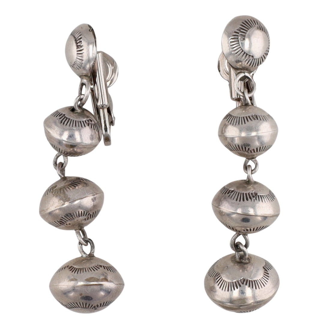 Navajo Sterling Stamped Handmade Graduated Bead Earrings: Navajo Sterling Stamped Handmade Graduated Bead Earrings | Weight: 11.5g | 2.1" long | 10mm, 12mm, 13mm beads