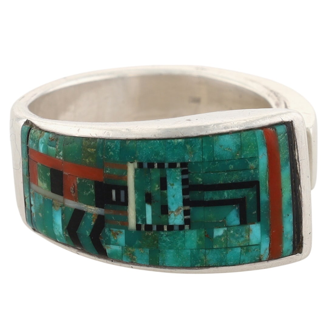 Carl & Irene Clark Navajo Sterling Micro Mosaic Inlay Ring Sz 10: Award Winning Carl & Irene Clark Navajo Sterling Micro Mosaic Multi-Stone Inlay Rainbowman Yei Asymmetric Ring Sz 10 | Various Turquoise, Coral, Mother of Pearl, Jet | Weight: 12.2g | Asymmetrical des