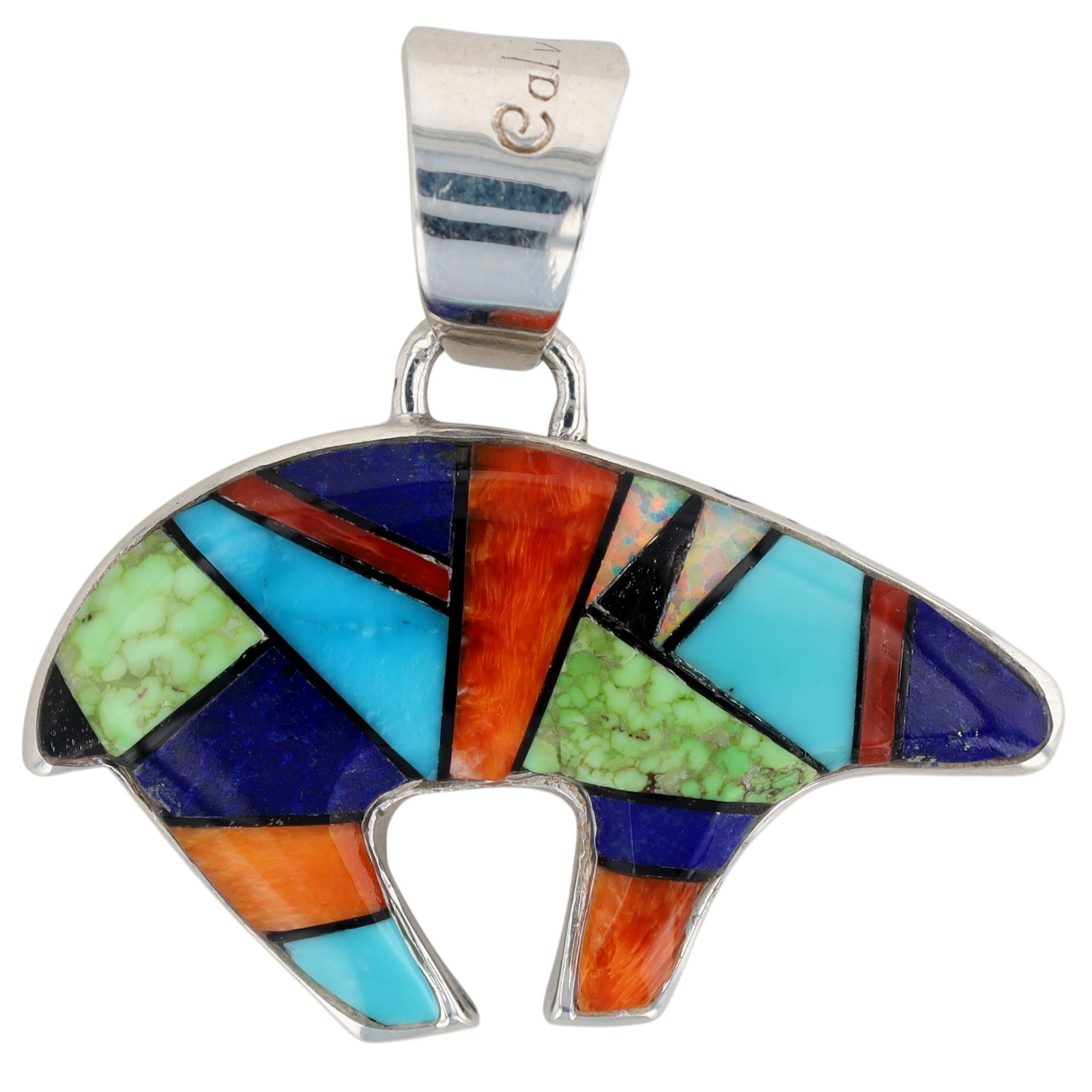 Calvin Begay Navajo Sterling Reversible Inlay Bear Pendant: Calvin Begay Navajo Sterling Reversible Multi-Stone Inlay and Overlay Bear Pendant | Weight:10.4g | Turquoise, Coral, Gaspeite, Spiny Oyster, Lapis Lazuli, Opal, Jet | Approximately 1.3" x 1.4"