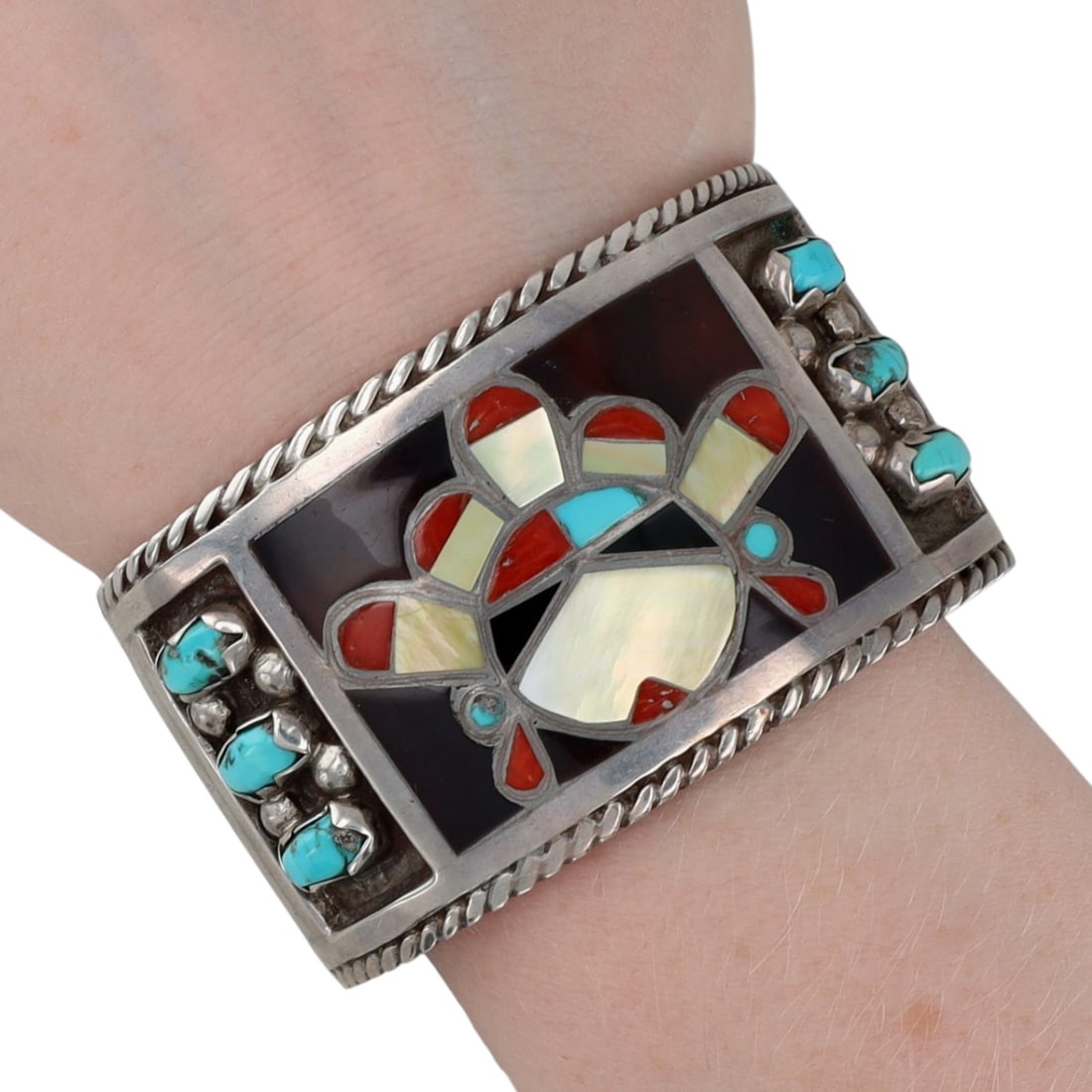 Vintage Filbert & Clara Gasper Zuni Sterling Multi-Stone Inlay Sunface Cuff Bracelet: Vintage Filbert & Clara Gasper Zuni Sterling Multi Stone Inlay Sunface Cuff Bracelet | Turquoise, Coral, Mother of Pearl, Shell (possibly tortoise shell), etc. | Weight: 97.8g | Approximate Inner Circ