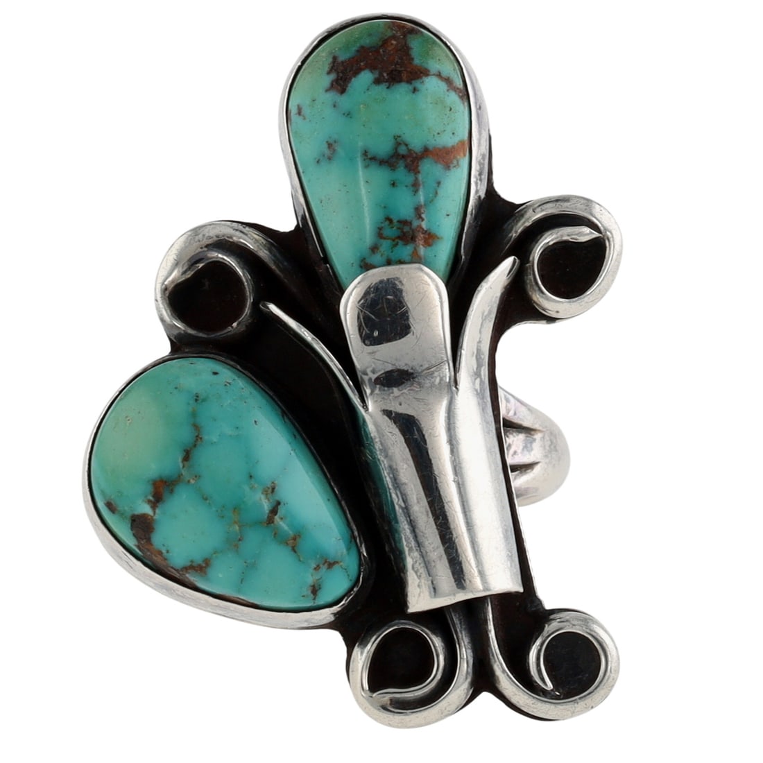 Vintage Signed Navajo Sterling Turquoise Squash Blossom Ring Sz 5 (1 of 6)
