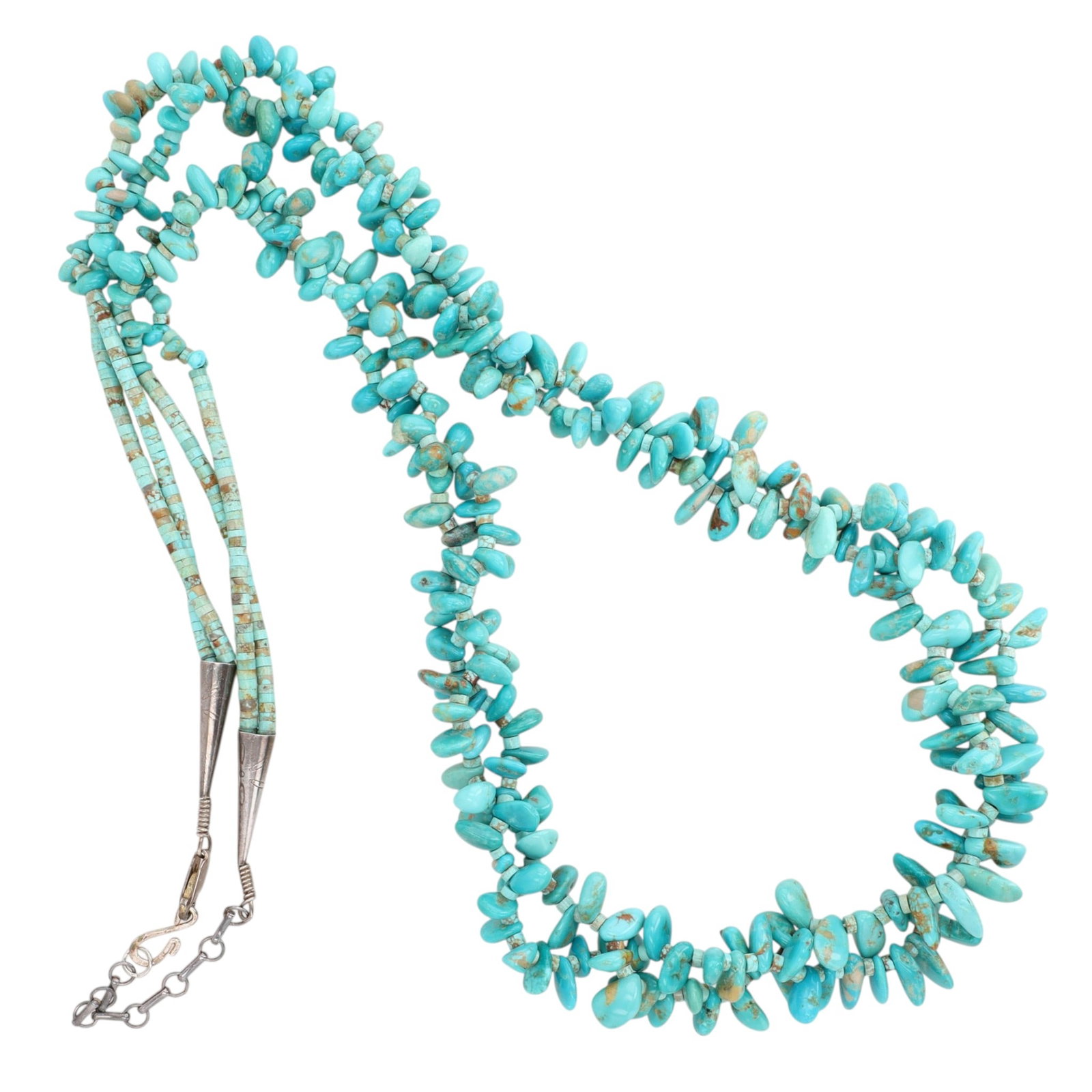 Vintage Santo Domingo Sterling Turquoise Nugget Necklace: Vintage Santo Domingo Sterling 2-Strand Turquoise Nugget Necklace | Weight: 107g | Approximately 34" total, including adjustable 2.5" chain | Turquoise nuggets range between average of 9-14mm. | Prove
