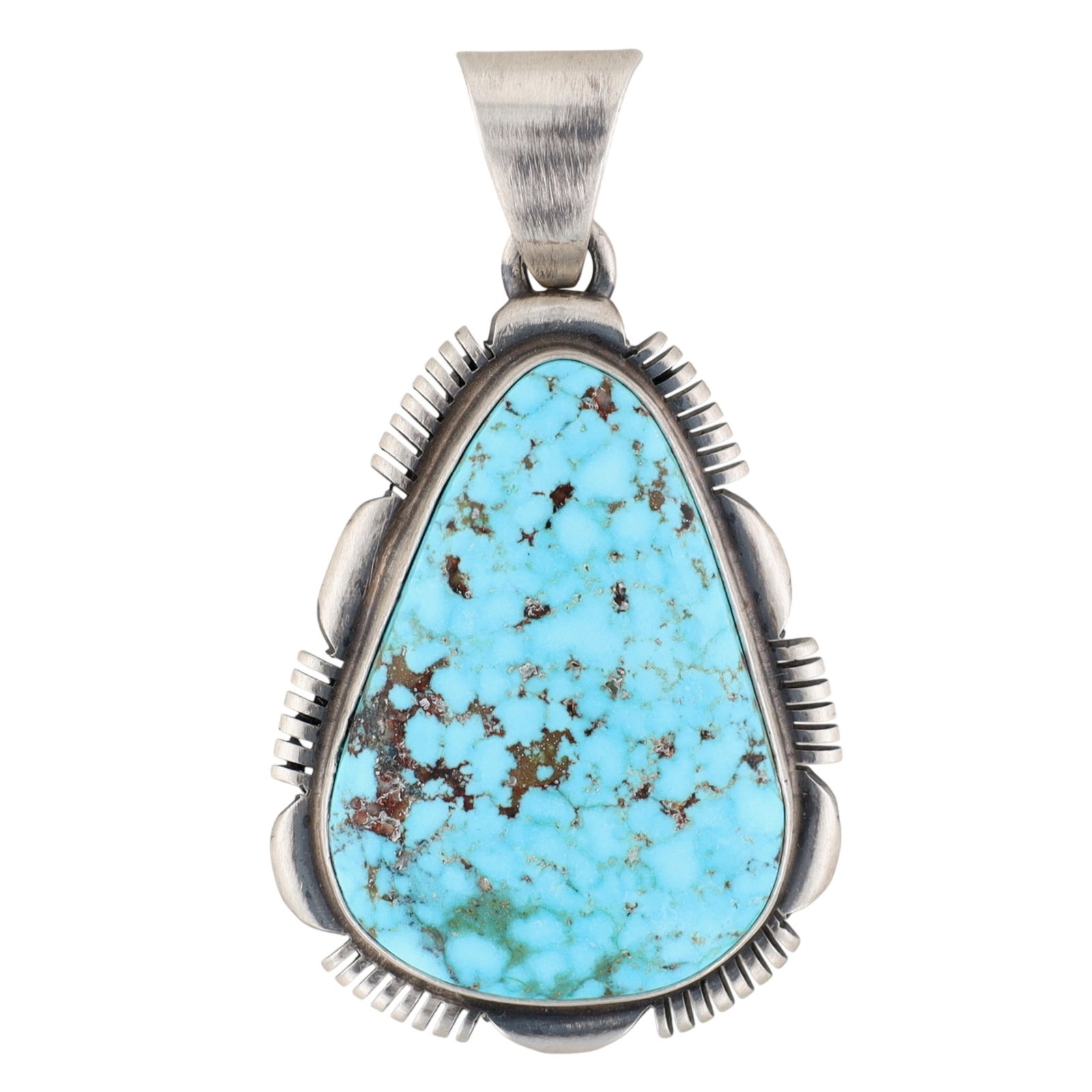Rick Tolino Navajo Sterling Kingman Web Turquoise Pendant: Rick Tolino Navajo Sterling Kingman Web Turquoise Pendant | Weight: 16.6g | Approx. 2.1" x 1.2"