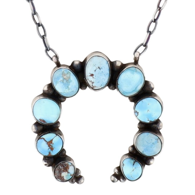 Arthur Brugge Navajo Sterling Golden Hills Turquoise Naja Necklace: Arthur J. Brugge Navajo Sterling Golden Hills Turquoise Naja Necklace | Weight: 30g | Chain length approx. 18" | Naja approx. 2" x 2"
