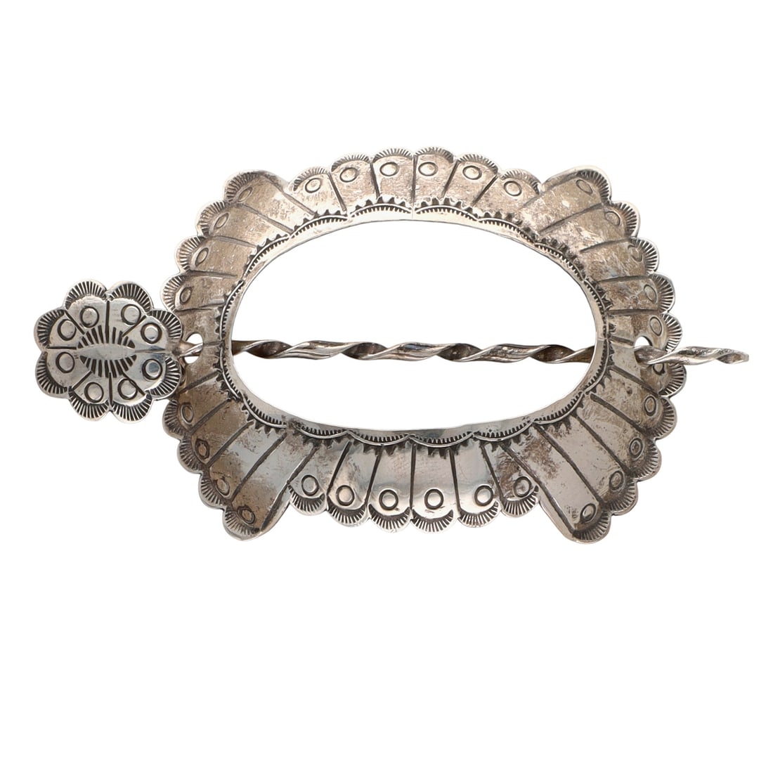 Navajo Sterling Stamped Hair Stick & Barrette: Navajo Sterling Stamped Hair Stick & Barrette | Weight: 14.4g | Hair stick measures approximately 3.6" and hair barrette measures approximately 2.7" x 1.9"