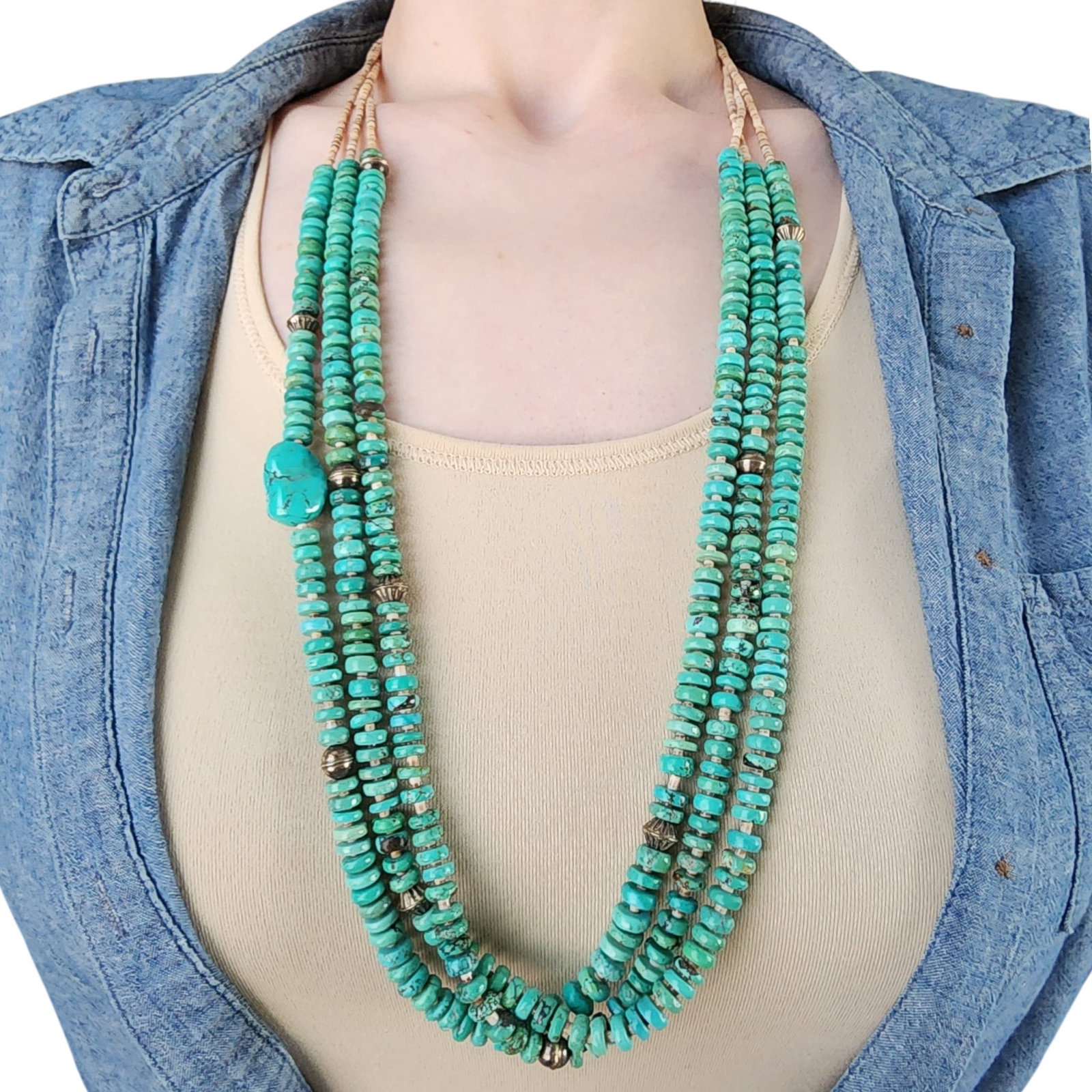 Vintage Santo Domingo Sterling Turquoise 3-Strand Disc Necklace: Vintage Handmade Santo Domingo Sterling Bead & Turquoise 3-Strand Disc Heishi Necklace | Weight: 131g | Adjustable - Total Length: 34", including the 3.25" extender. | Discs are approximately 8mm. | P