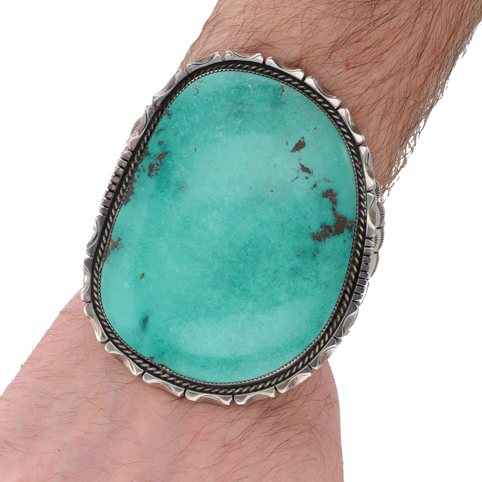 HUGE Henry Sam Navajo Sterling Turquoise Cuff Bracelet: HUGE Henry Sam Navajo Sterling Turquoise Cuff Bracelet | Absolutely outstanding turquoise! | Weight: 181.2g | Approximate Inner Circumference (Including Gap): 7" | Gap: 1.25" | Face Approximately 3.5"