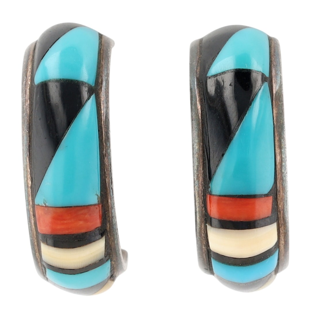 Patrick & Lena Tsethlikai Zuni Sterling Multi-Stone Inlay Earrings: Vintage Patrick & Lena Tsethlikai Zuni Sterling Multi-Stone Inlay Earrings | Coral, Turquoise, Jet, Mother of Pearl, Shell | Weight: 3.9g | Signature is engraved, hard to see due to patina.