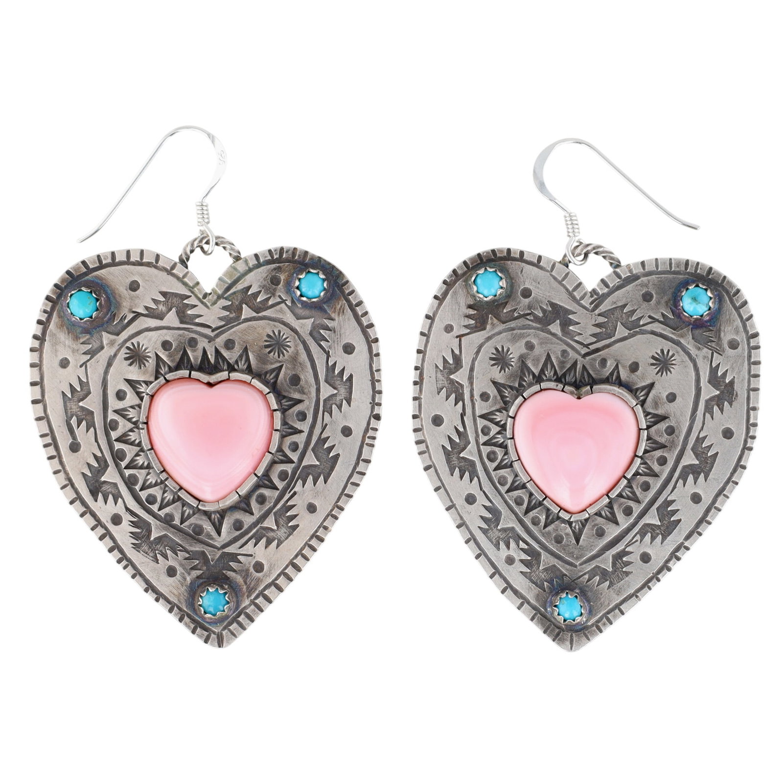 Marcus Becenti Navajo Sterling Pink Conch Stamped Heart Earrings: Marcus Becenti Navajo Sterling Pink Conch & Turquoise Stamped Heart Earrings | Weight: 23.7g | Approx. 2.3" x 1.5"