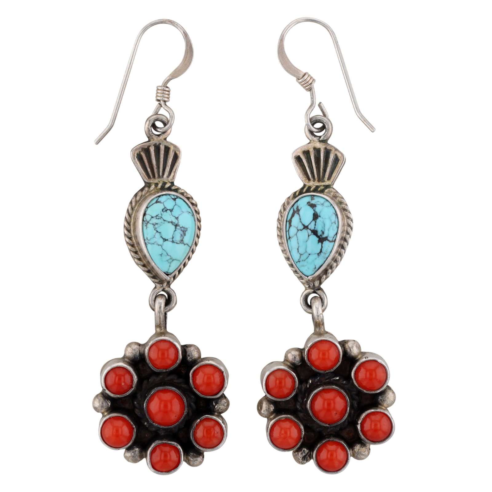 Michael Calladitto Navajo Sterling Turquoise & Coral Cluster Dangle Earrings (1 of 4)