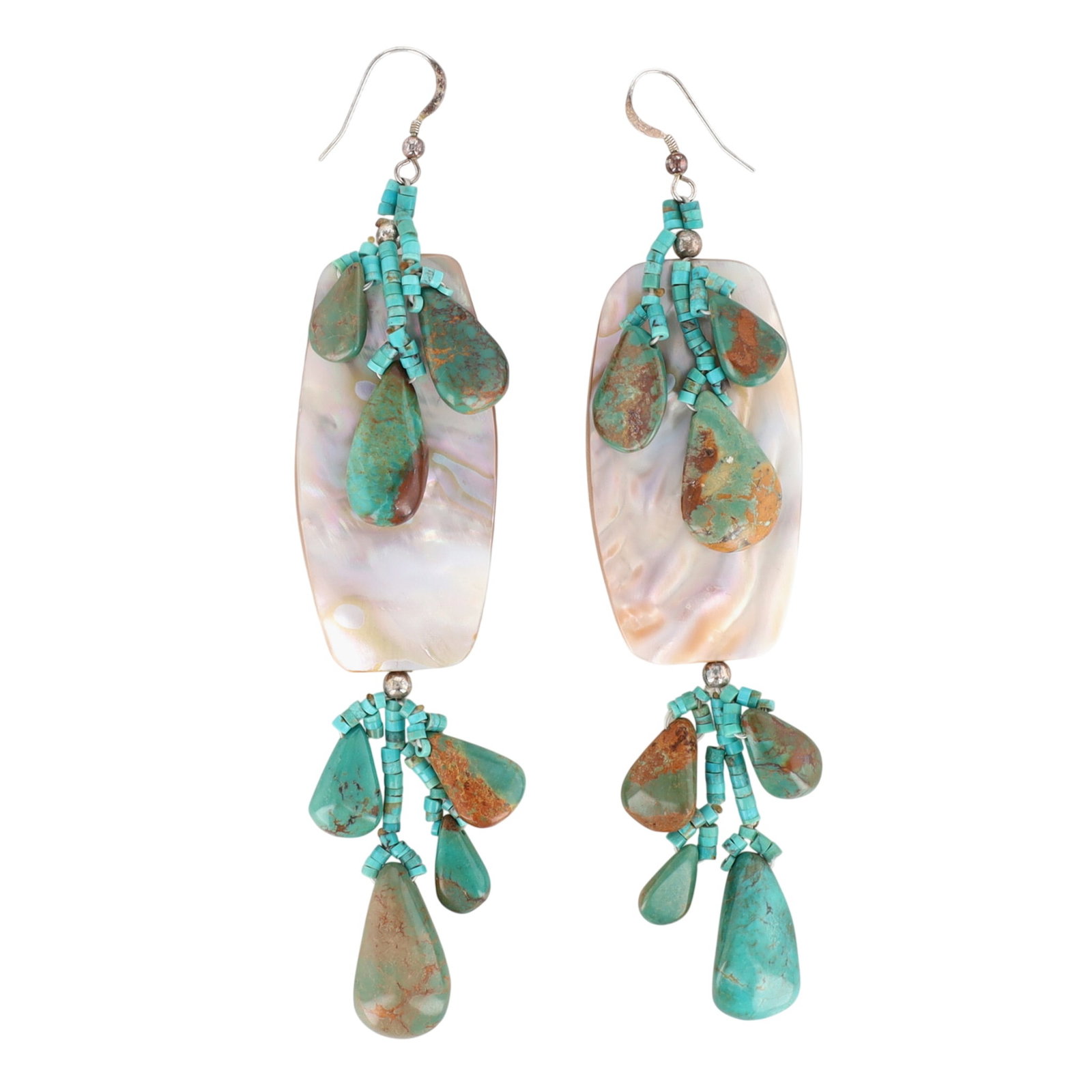 Gilbert & Nettie Hunter Navajo Sterling Kings Manassa Turquoise and Mother of Pearl Earrings: Gilbert & Nettie Hunter Navajo Sterling Nevada Turquoise, Ajax Turquoise, Kings Manassa Turquoise & Mother of Pearl Earrings | Weight: 41g | Full Length: 5" | Provenance: From an estate of a longtime 
