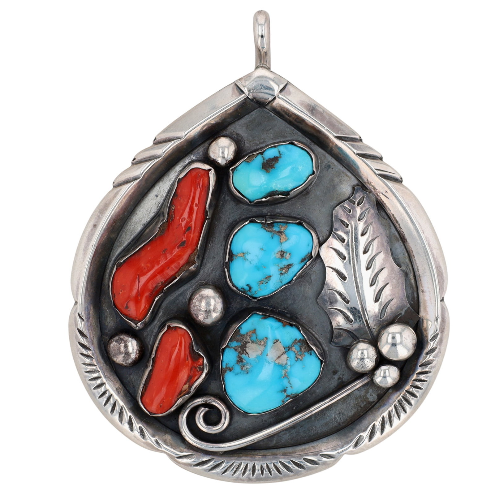 Ramone Platero Navajo Sterling Turquoise Coral Pendant: Big! Ramone Platero Navajo Sterling Turquoise Coral Pendant | Weight: 49g | 3" x 2.5"