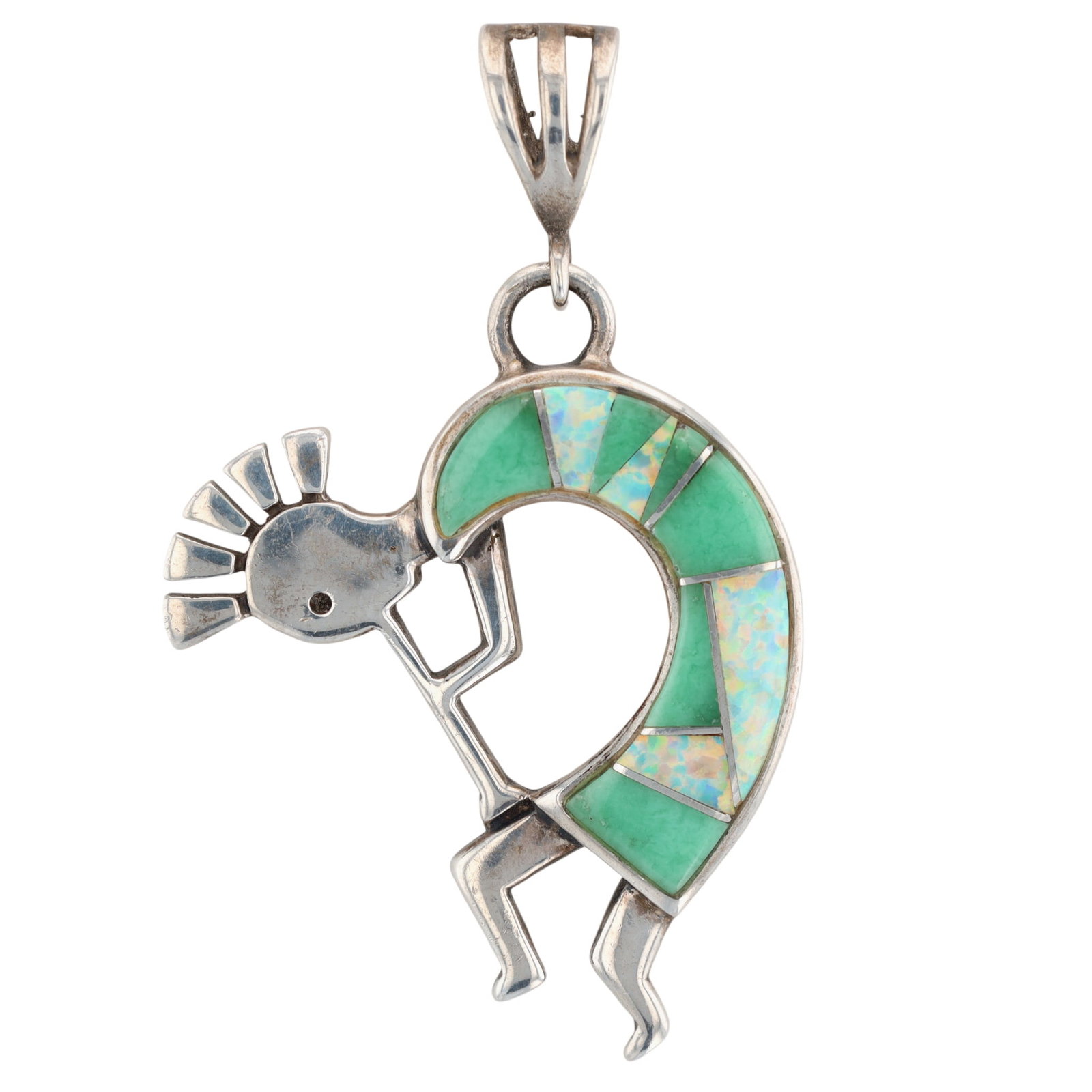 Calvin Begay Navajo Sterling Multi-Stone Inlay Kokopelli Pendant: Calvin Begay Navajo Sterling Multi-Stone Inlay Kokopelli Pendant | Turquoise, Opal | Weight: 6.6g
