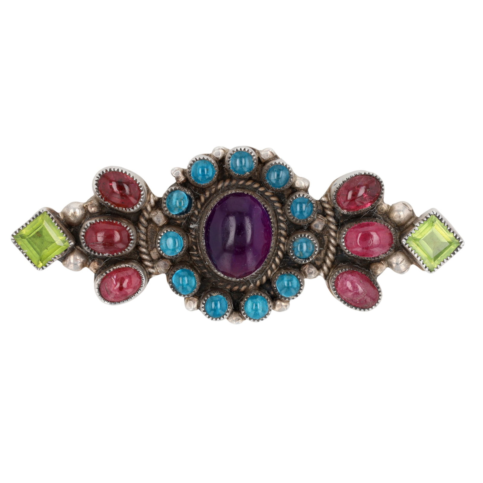 Leo Feeney Anglo Sterling Multi-Stone Cluster Brooch: Leo Feeney Anglo Sterling Multi-Stone Cluster Brooch | Weight: 8.6g | 2" x .8" | Garnet, Amethyst, Peridot