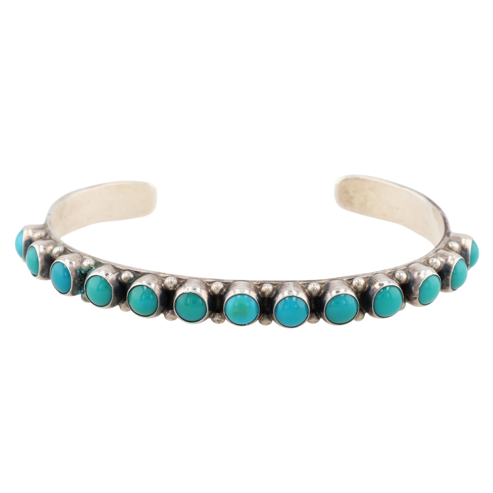 Don Lucas Anglo Sterling Turquoise Row Cuff Bracelet: Don Lucas Anglo Sterling Turquoise Row Cuff Bracelet | Weight: 15.7g | Approx. Inner Circumference (including gap): 6.5" | Gap: 1.25"
