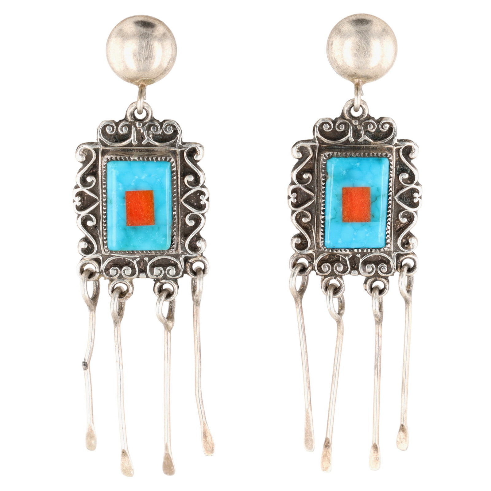 Aldrich Art Anglo Sterling Multi-Stone Inlay Earrings: Aldrich Art Jewelry (Valerie & Benny Aldrich, Anglo) Sterling Turquoise and Coral Inlay Earrings | Weight: 8.2g | 2.2" x .6"