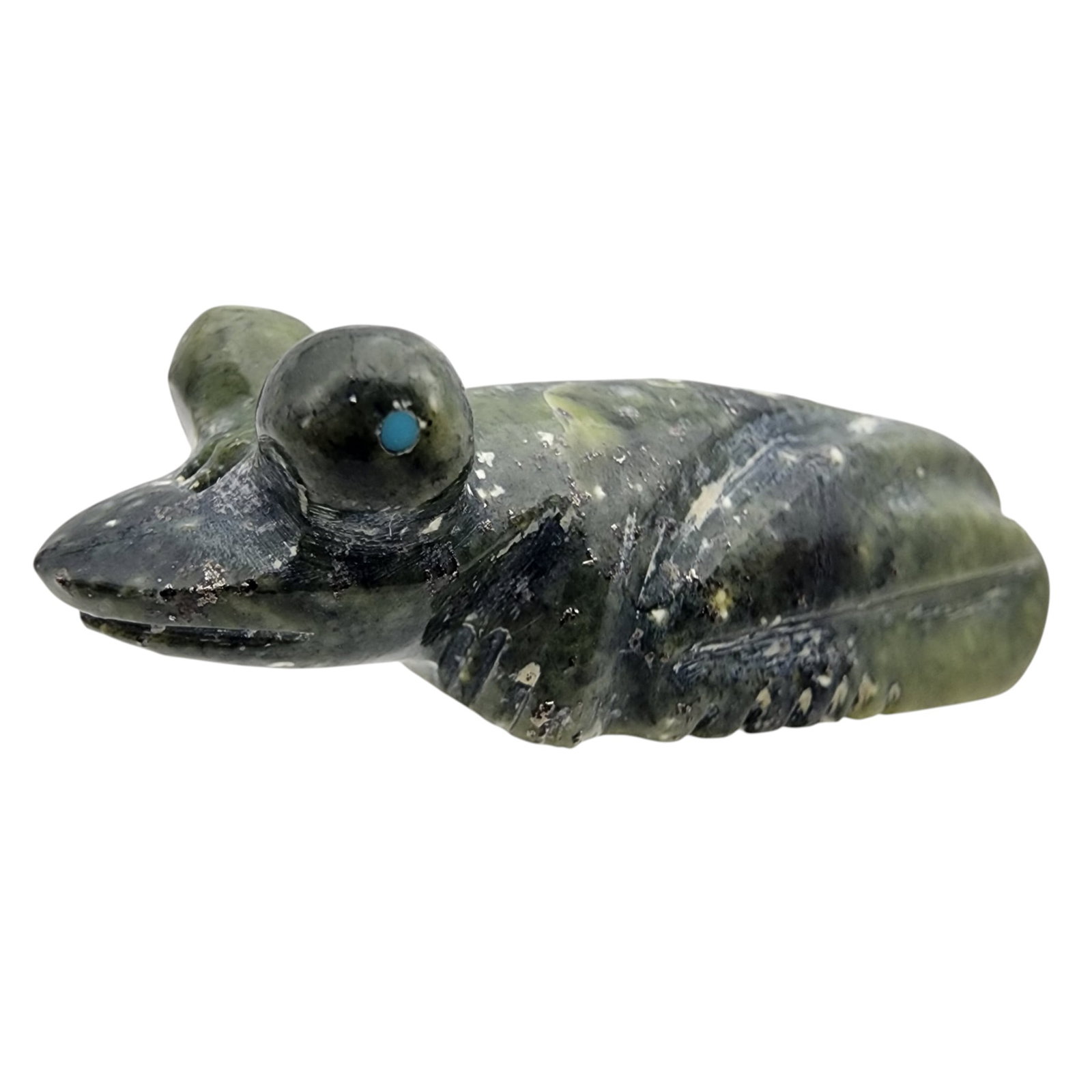 Fred Weekoty Zuni Serpentine Frog Fetish Carving: Fred Weekoty Zuni Serpentine with Turquoise Eyes Frog Fetish Carving | 10.9g | 1.7" x .7" x .6"