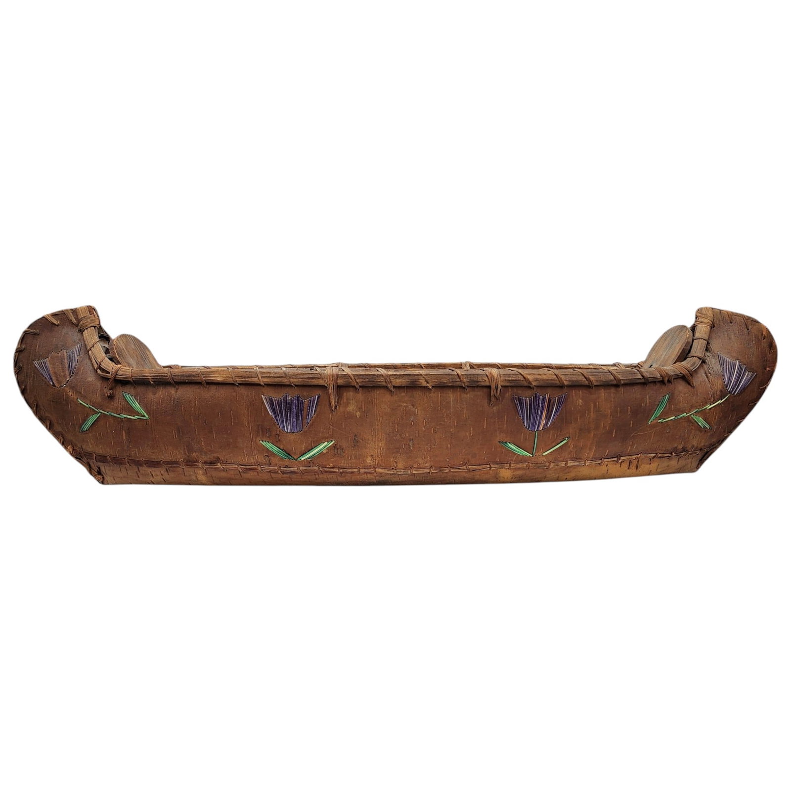 Antique Woodland Indian Native American Quillwork Birch Bark Canoe Model: Antique Eastern Woodland Indian Quillwork Birch Bark Canoe Model, c. 19th century | Large! Approximately 25" long x 7" wide | Condition Notes: Pre-owned condition. See photos. Minor dust coverage. Qui