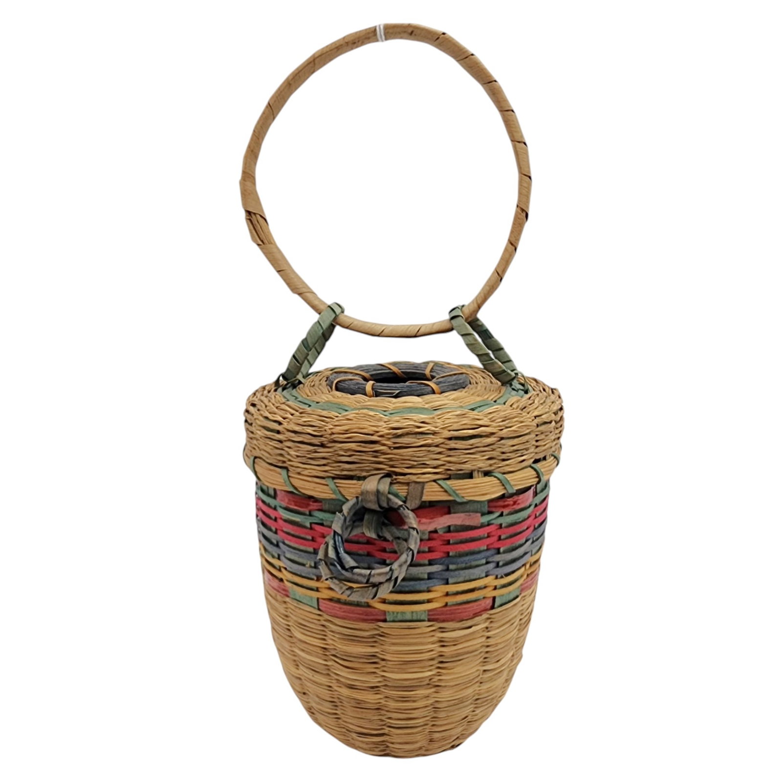 Native American Lidded Hanging Basket: Native American Lidded Hanging Basket | 10" long hanging length x 4.25" diameter | Condition Notes: Pre-owned condition. See photos. Some areas of loose weave. | Shipping Note: This non-Jewelry item w