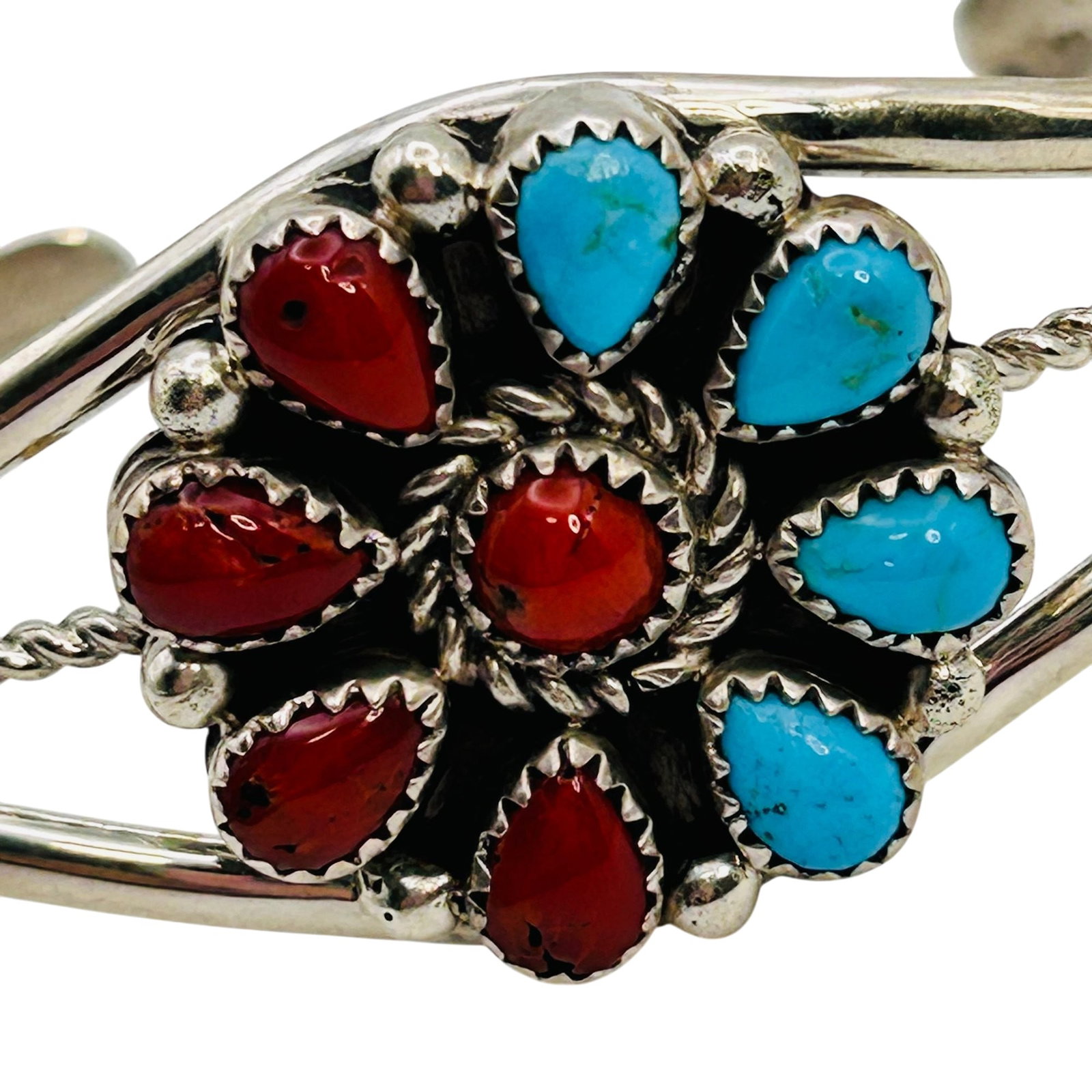 Darlene Begay Navajo Sterling Turquoise Coral Cuff (1 of 6)