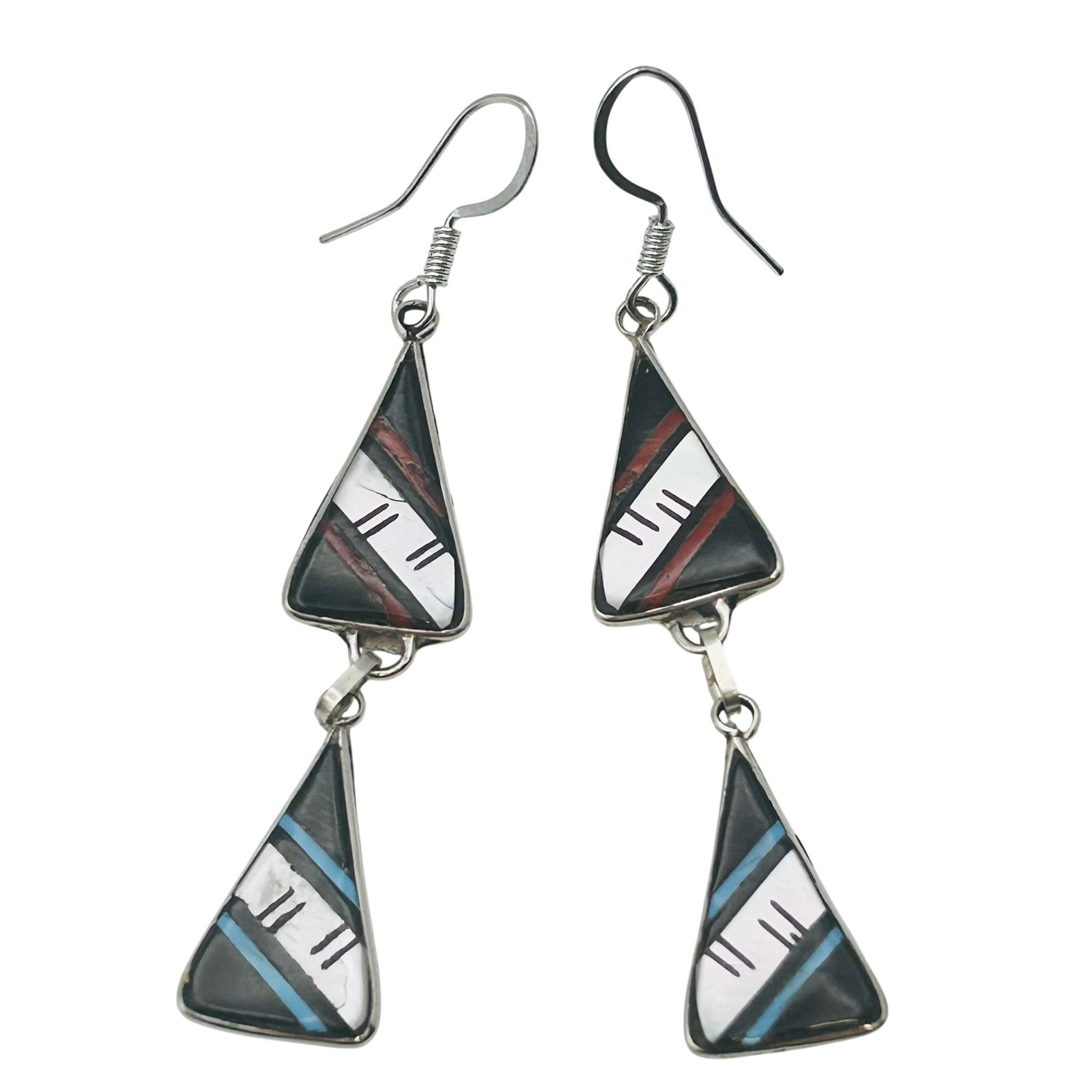 Reginda Kallest Zuni Sterling Multi-Stone Earring: Reginda Kallest Zuni Sterling multi-stone tiered Earrings 3.8g | Coral Turquoise Onyx and Mother of pearl