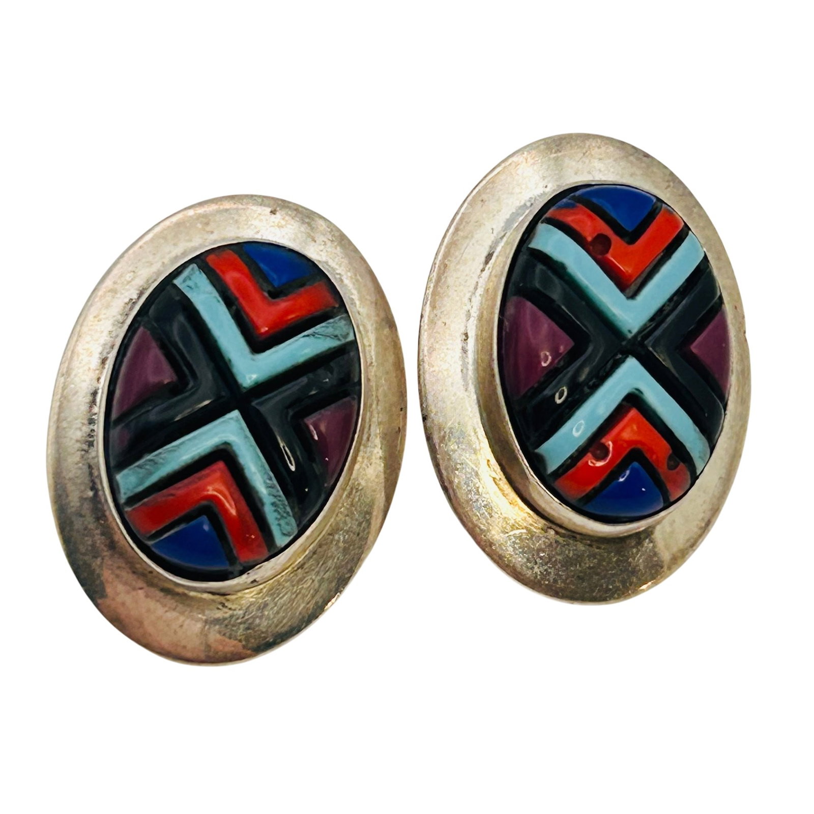 Ella Peters Navajo Sterling Multi Gem Oval Earrings: Ella Peters Navajo sterling turquoise coral lapis lazuli onyx oval earrings 4.2g
