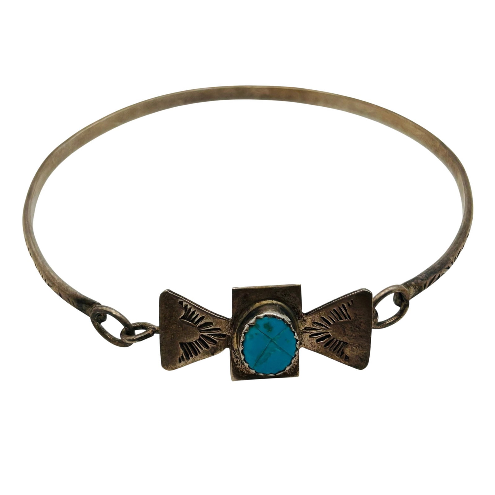 Vintage Navajo Sterling Turquoise Stamped Bracelet (1 of 8)