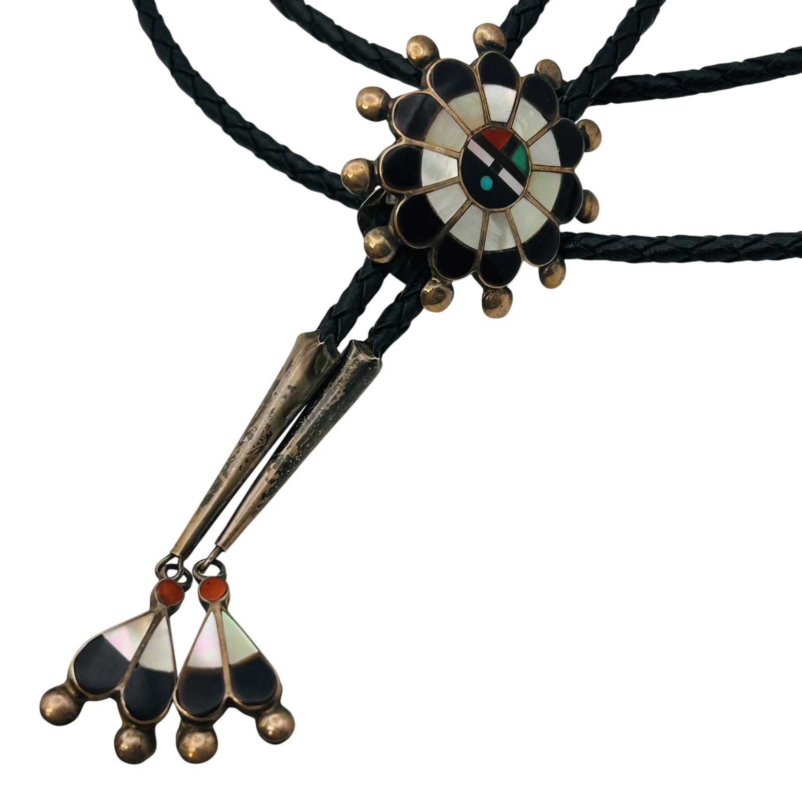 Zuni Sterling Multi-stone Bolo Tie Leather Cord: Zuni sterling multi-stone sun-face bolo tie |26g | Turquoise onyx and mother of pearl. Black Braided Cord. 19inch