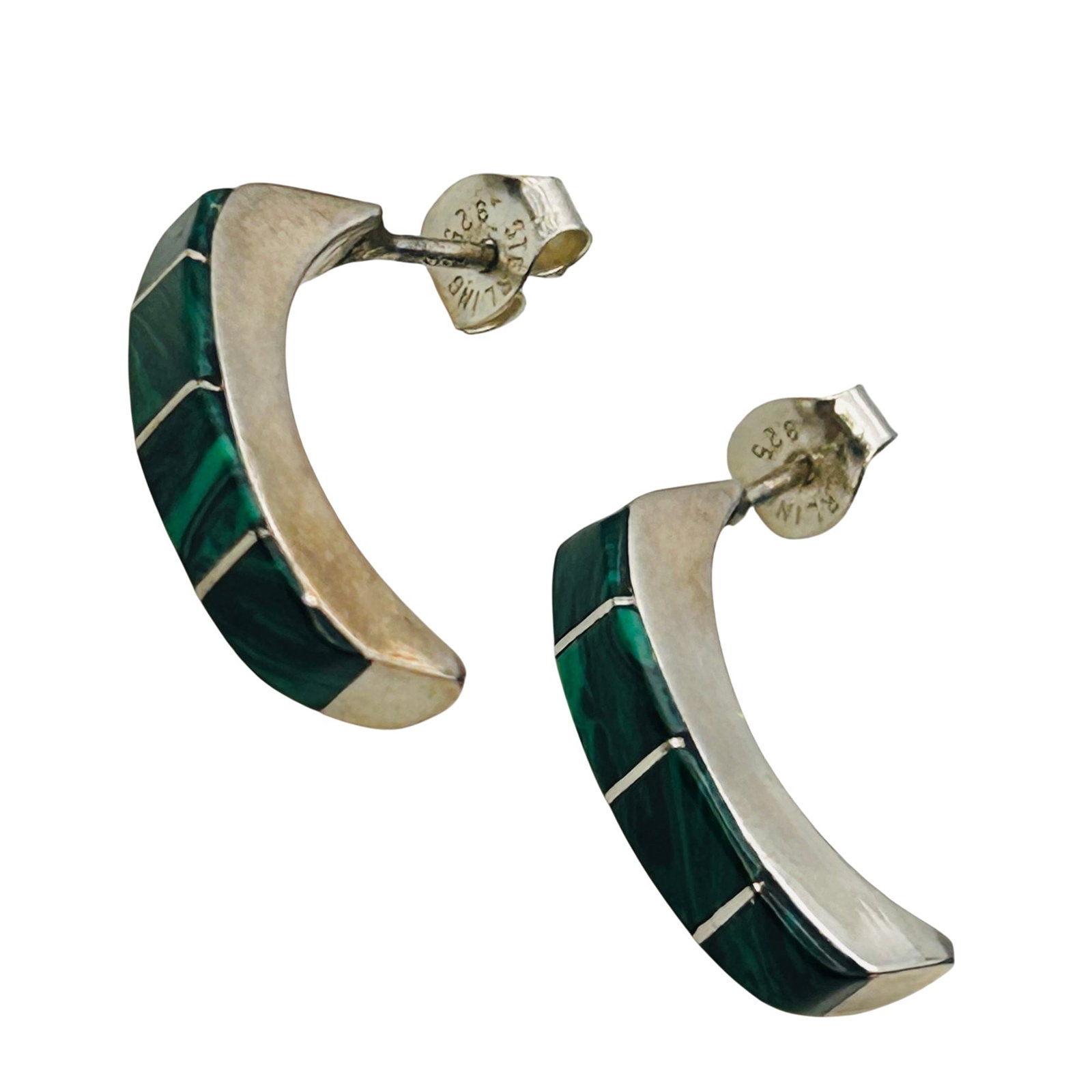 Signed Navajo Sterling Malachite Earrings: Signed GK Navajo sterling malachite half hoop earrings | 2.1 g