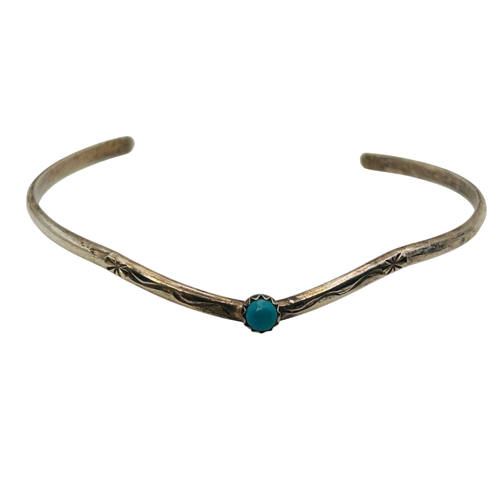 Signed Navajo Sterling Turquoise Cuff Bracelet: Signed H.T. Navajo sterling turquoise cuff bracelet 5.3g | 6.75” inner circumference including 1.5”gap