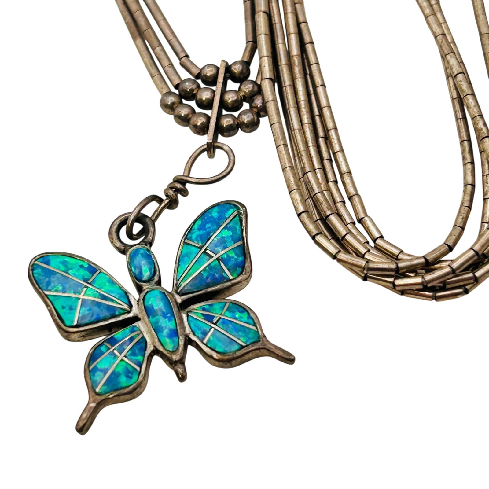 Southwest Sterling Opal Butterfly Liquid Silver Necklace: Southwest sterling opal butterfly pendant liquid silver necklace 10.6g